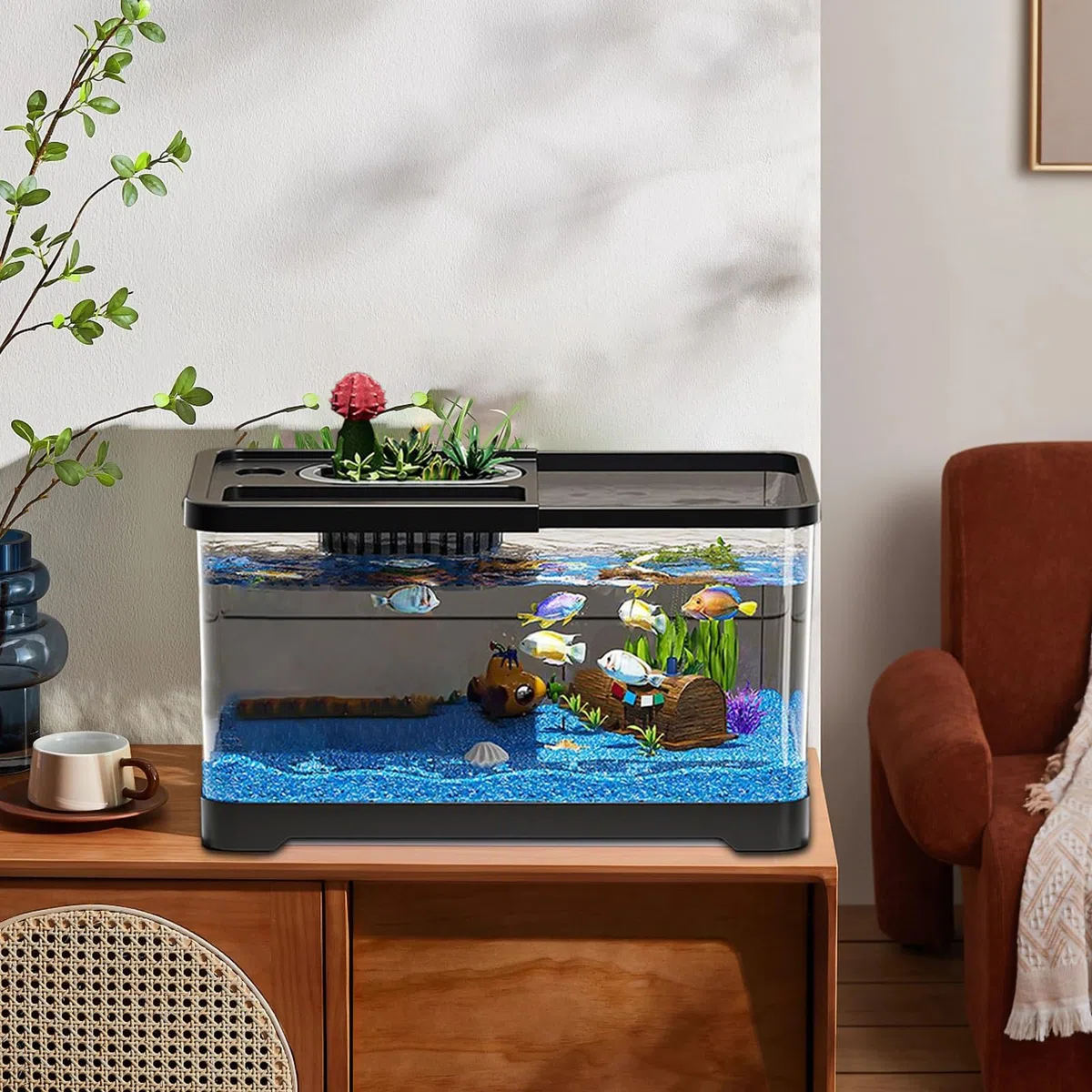 Kit de iniciación de pecera, Acuario de Vidrio con de Filtro, Tanque de con Accesorios de decoración de luz LED, Kit de Paisaje subacuático, Juego de Acuario de Vidrio Compacto para Sala