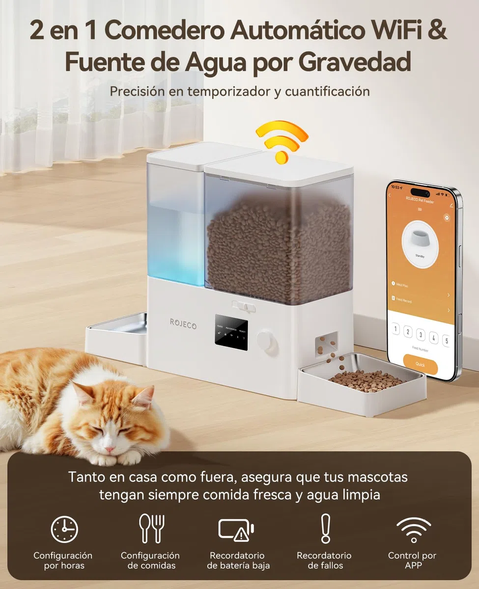 ROJECO Comedero automático para gatos y fuentes 2 en 1 – 8,5 L de capacidad total (5 L comedero + fuente de 3,5 litros), 1-36 porciones, 2 cuencos de acero inoxidable, sin BPA, para gatos y mascotas