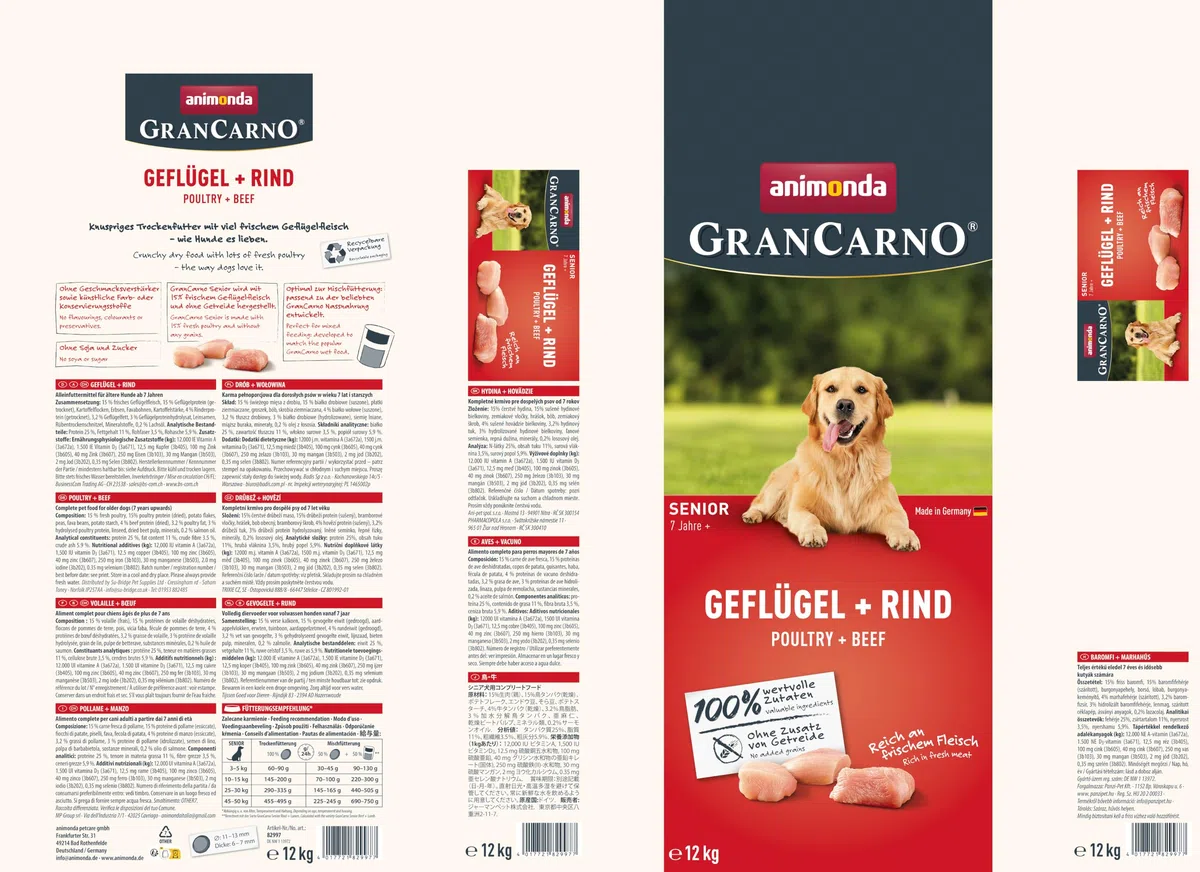 animonda Grancarno Senior Comida Seca para Perros, sin Cereales, Aves de Corral y Vacuno (1 x 12 kg), alimento seco para Perros Mayores sin Gluten ni Trigo, Comida Seca para Perros de Alta