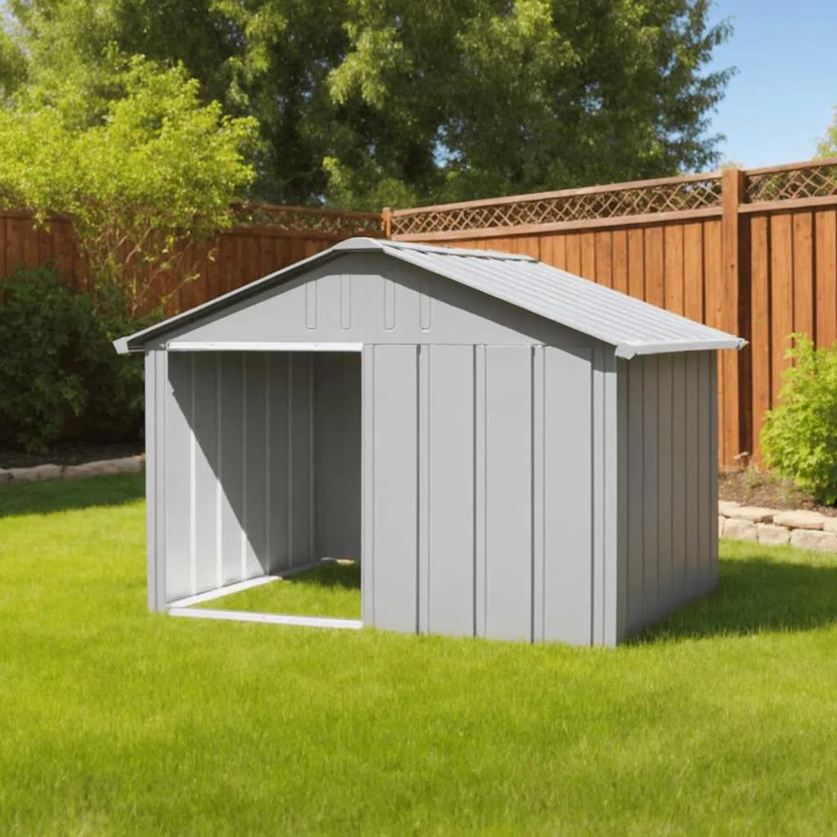 IKAYAA Caseta para Exteriores Grande, Caseta para Perros Acero Galvanizado 116.5 x 103 x 81.5 cm Gris