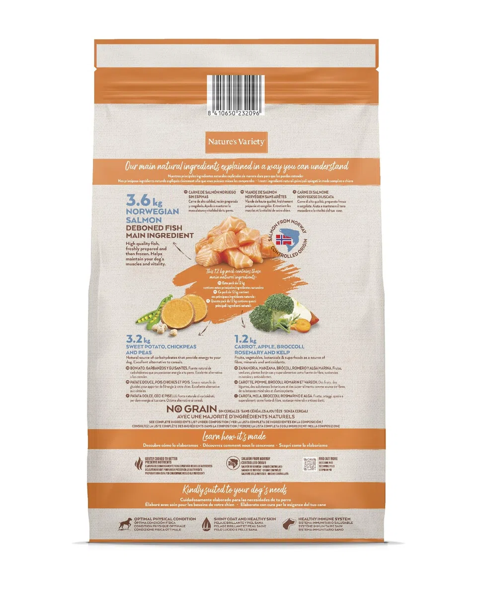Nature's Variety Selected, Pienso para Perros Adultos Medianos y grandes, Sin cereales, con Salmón noruego sin espinas, 12kg