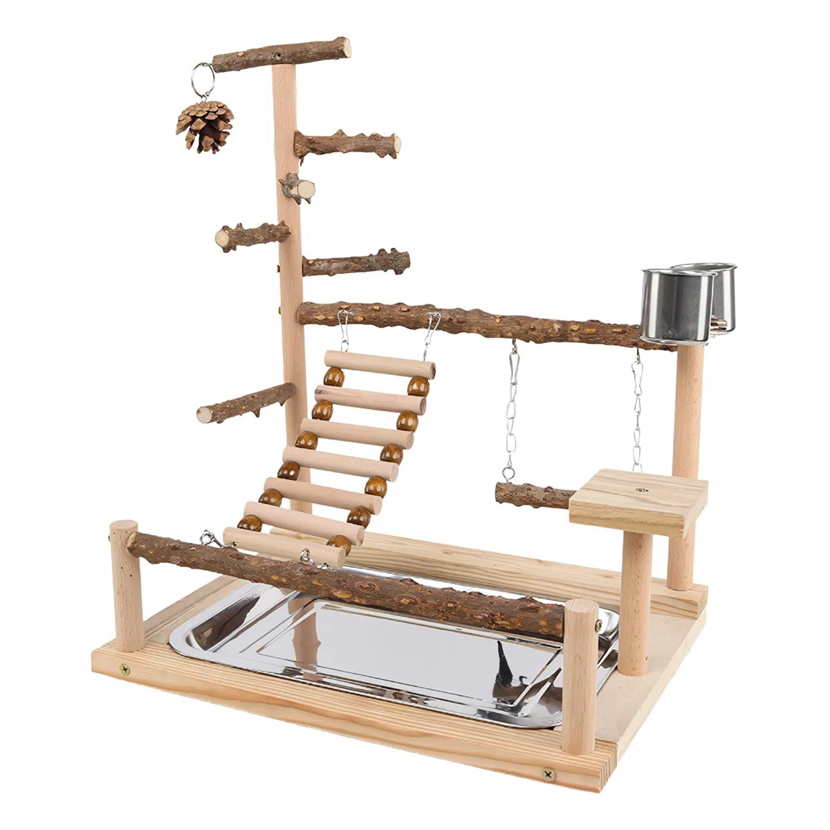 Parque De Juegos De Periquitos Parque de Juego de Madera | Soporte De Perchas Para Aves Con Tazón Y Bandeja De Acero Inoxidable Para Cotorras Pinzones Agapornis Entrenamiento