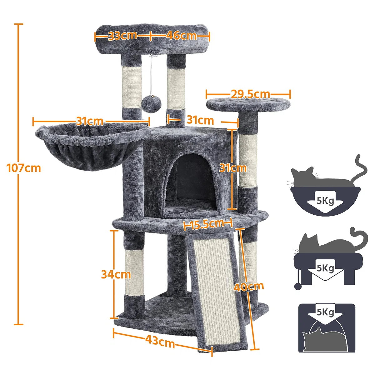 Yaheetech Árbol Rascador para Gatos Grandes 106 cm Altura con Espaciosas Cueva para Gato de Casa Torre para Mascato Grande Gris Oscuro | Rampa de sisal, Correa antivuelco, postes cuerda de sisal, Bola colgante sustituible, Condominio grande, cesta acogedo
