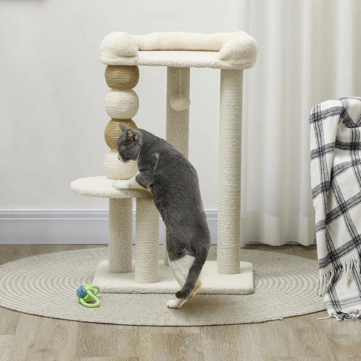 PawHut Árbol Rascador para Gatos Torre Escalador 76 cm Beige | Árbol para Gatos, con Cama, Plataforma de Salto, Postes de Yute, Bolas de Juguete