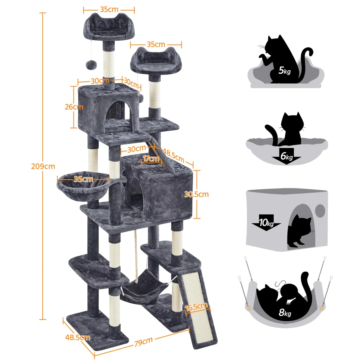 Yaheetech Rascador para Gatos 209 cm Torre Escalado Grande Gris Oscuro | Para Gatos grandes, Hamaca, Rampa sisal,Estabilidad, Fácil montaje, Duradero, Perca ancha, Cesta blanda, multifuncional