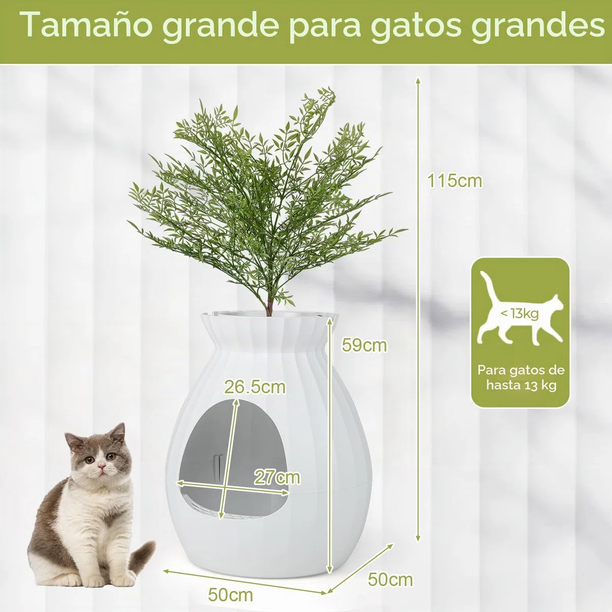 FANTASK Inodoro para Gatos 2 en 1, eliminación Inteligente de olores y esterilización con Cortina de Puerta, Estilo Maceta con Planta Artificial, guijarros y Pala