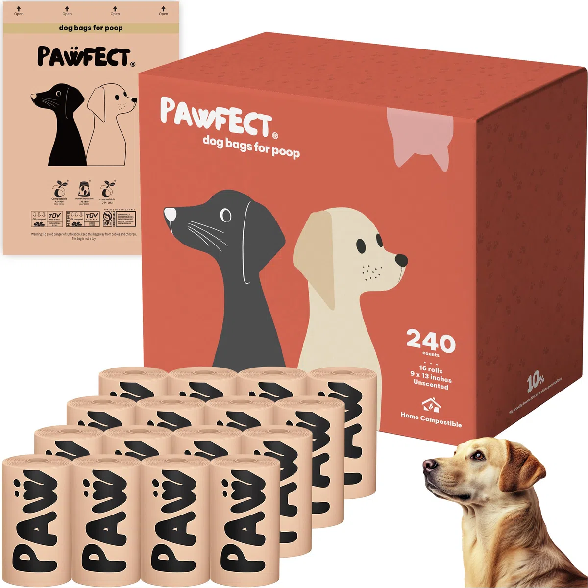 PAWFECT Bolsas compostables para excrementos de perro: 240 rollos de bolsas para excrementos, 100% compostables para el hogar, certificado BPI, bolsas biodegradables para perros, bolsas para perros