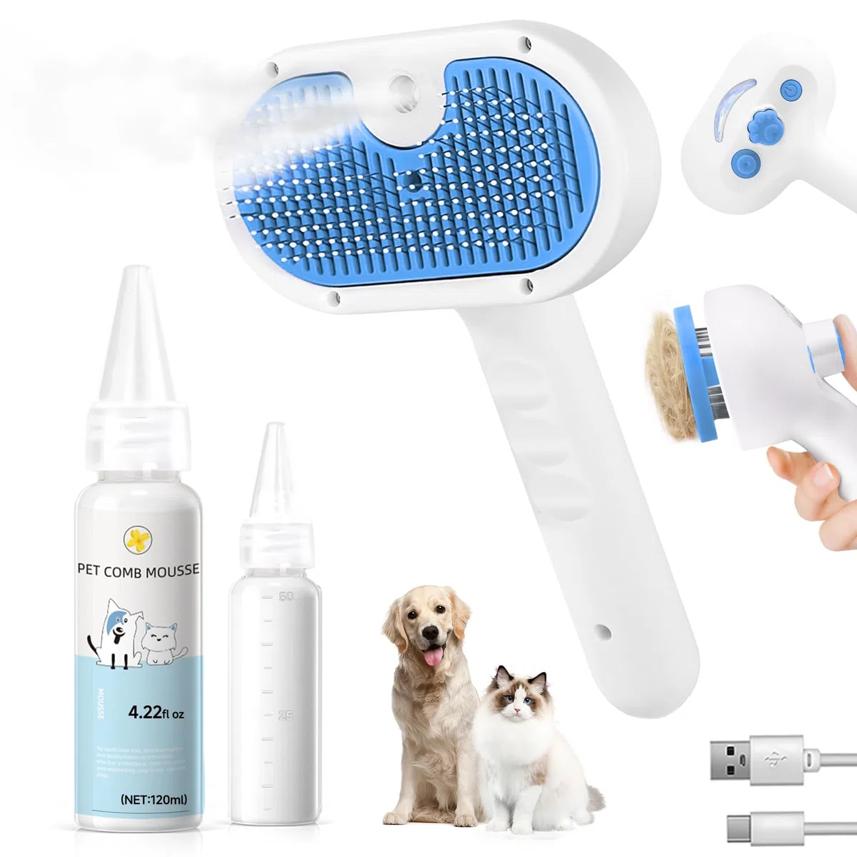 Cepillo de vapor para mascotas para perros y gatos, cepillo de aseo de vapor 3 en 1 para desprendimiento y depilación, peine de pulverización autolimpiante con niebla para mascotas de pelo largo