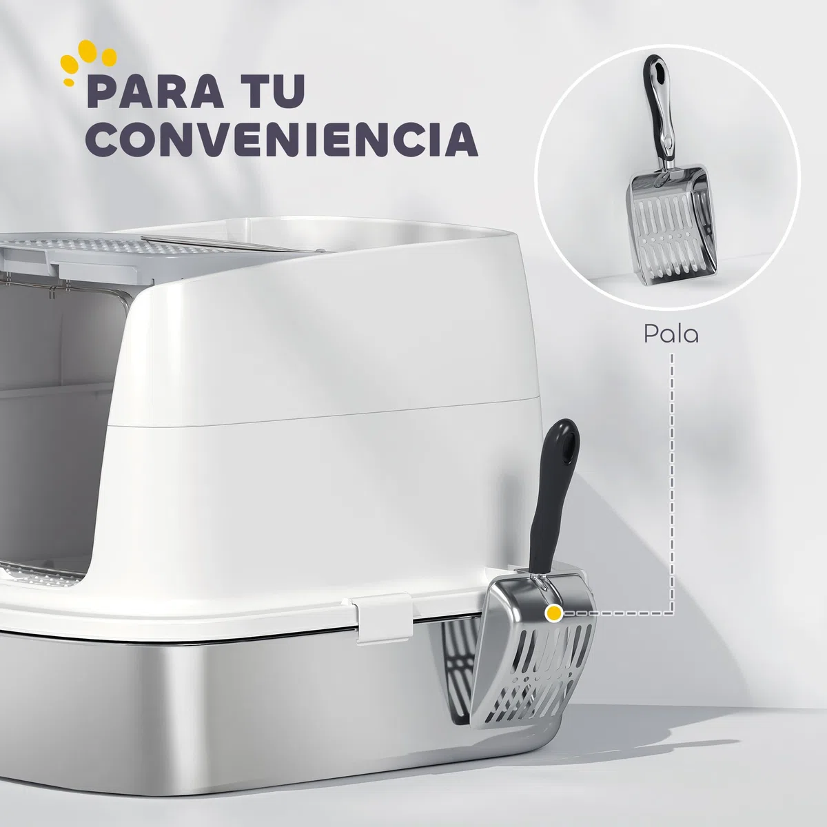PawHut Arenero para Gatos de Acero Inoxidable L con Tapa Abatible Blanco | Caja de Arena para Gatos, Pala Metálica, Bolsa Desodorizante, Fácil de Limpiar, Antifugas
