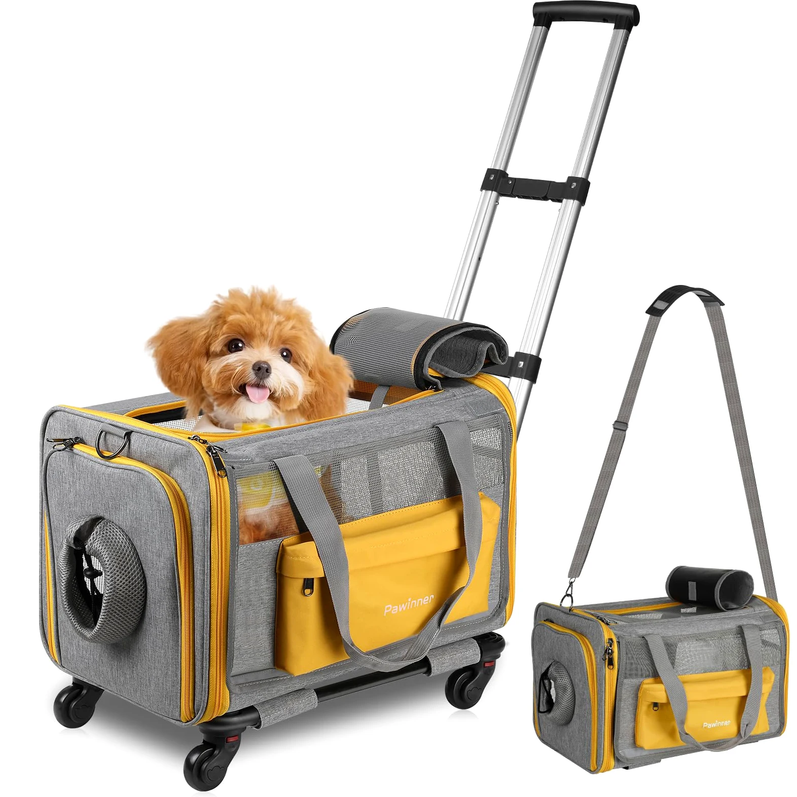 Transportín para gatos con ruedas aprobado por aerolíneas, carrito para perros pequeños, cochecito grande para gatos, transportador portátil para mascotas con ruedas, tela 600D transpirable