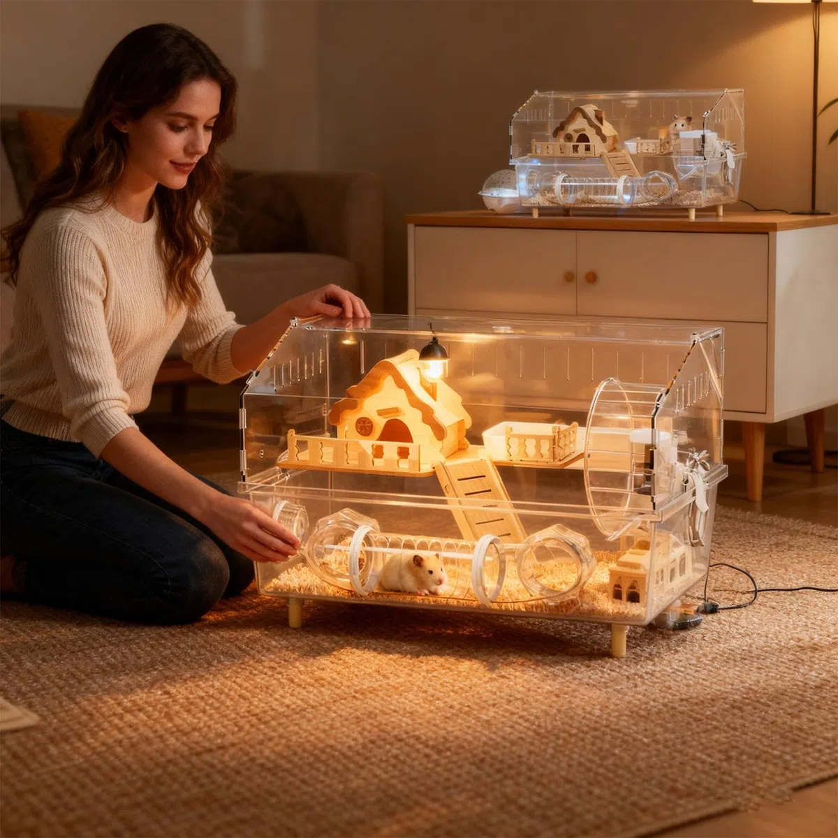 Jaula Grande para Hámster Estructura de Acrílico Transparente con 2 Niveles | Recinto para Roedores En Hogar, Jardín, Tienda De Mascotas, Interior Y Exterior