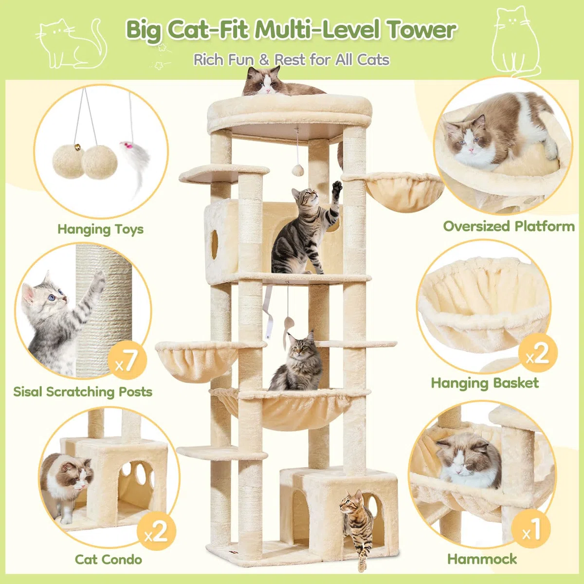 Taoqimiao Rascador para Gatos Grandes, 183cm Arbol Rascador para Gatos com 2 Espacioso Cuevas, 2 Cesta, 7 Poste de Sisal, Hamaca,F20M Beige