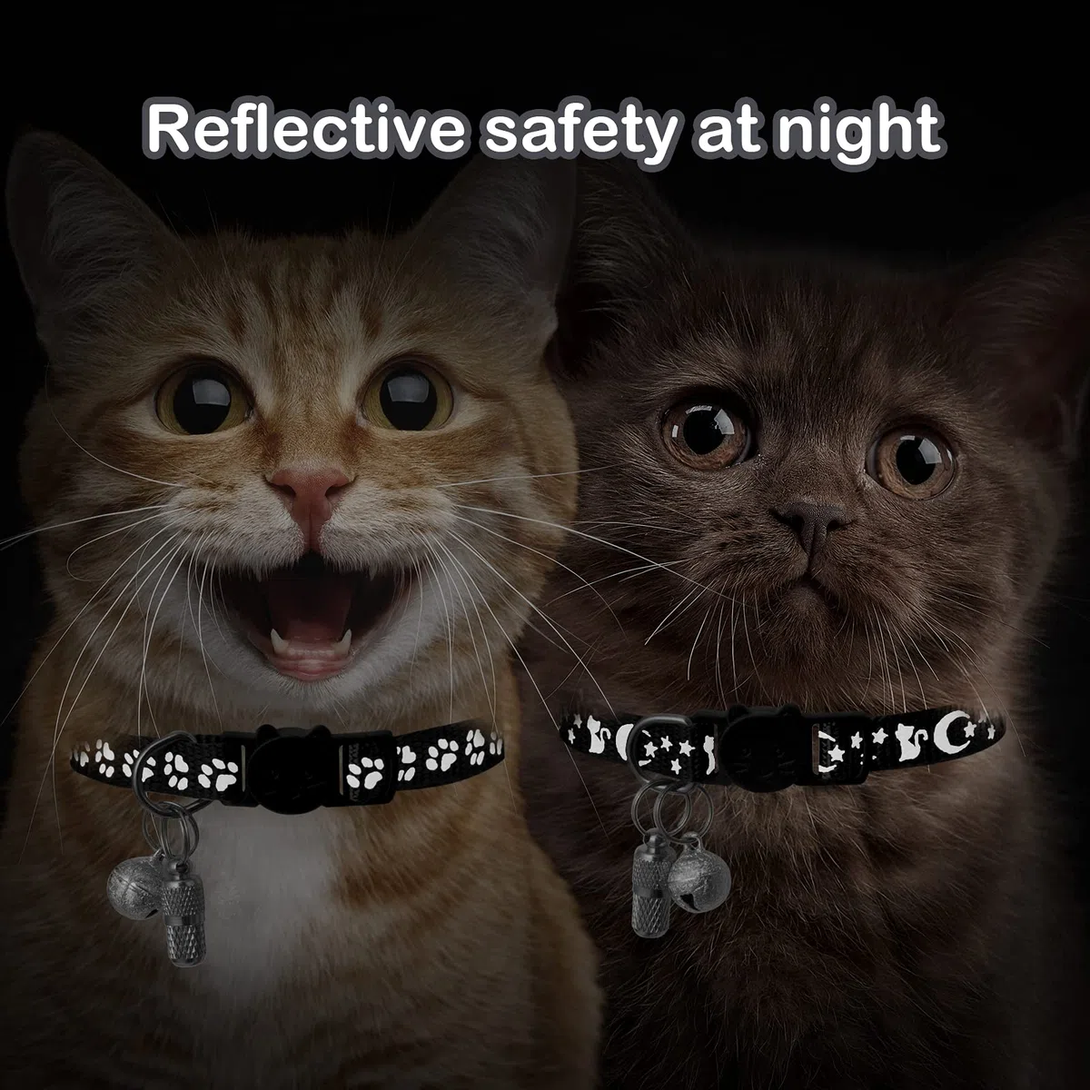LLHK Paquete de 2 collares reflectantes para gatos y 2 etiquetas de nombre, collar de seguridad para gatito con campana, ajustable de 7 a 12 pulgadas, para gatos machos, etiqueta de identificación