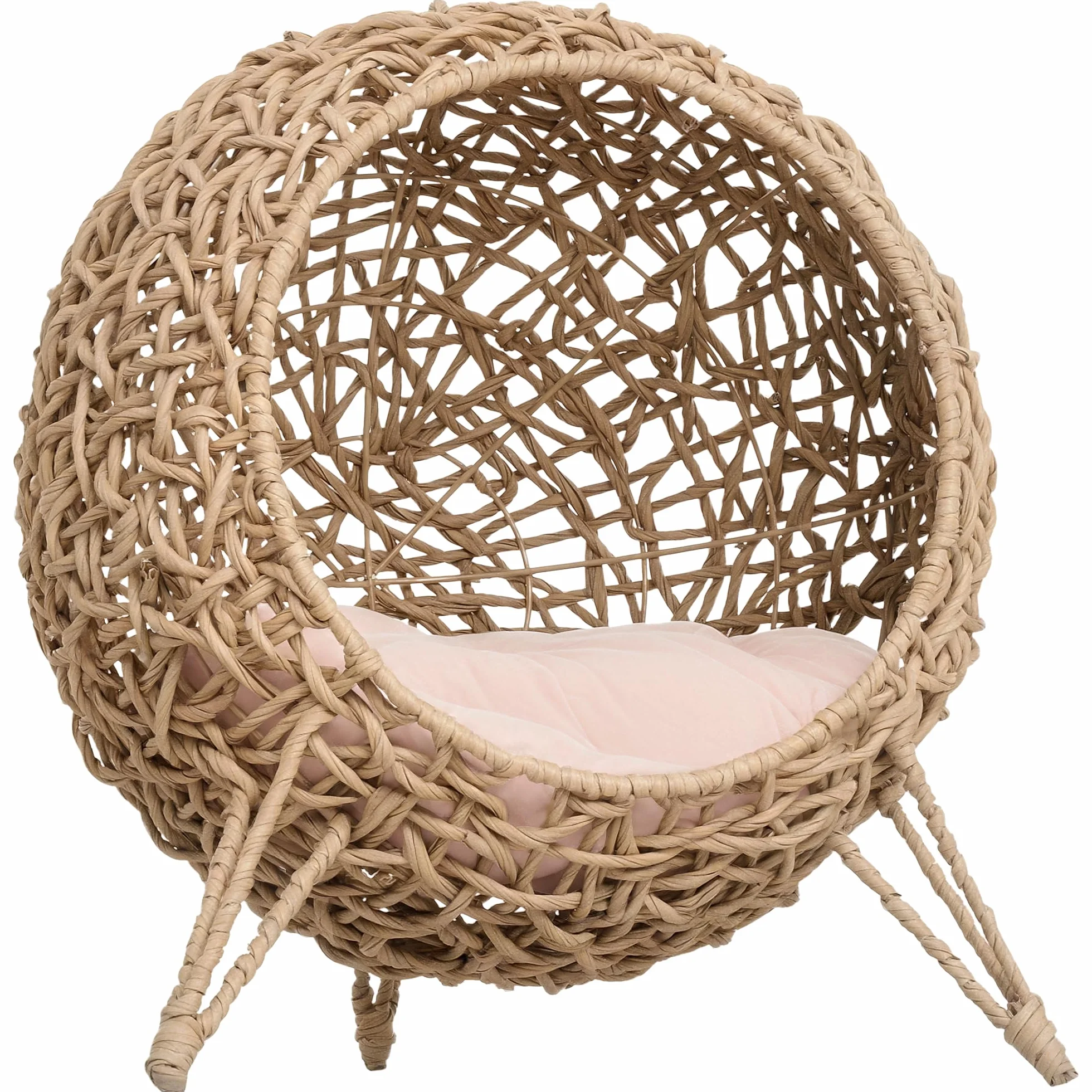 PawHut Cama Cueva de Ratán para Gatos Base Trípode Φ52x58 cm Madera Natural | Mascotas Pequeñas, Cojín de Felpa y Algodón Suave, Diseño Elevado, Estable