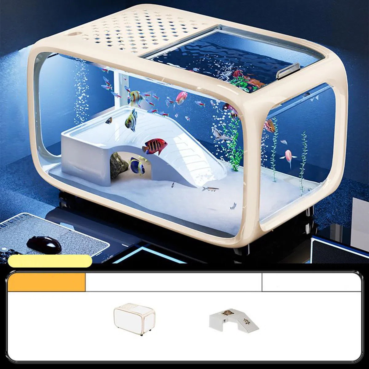 Acuario, pecera, pecera, paisaje, acuario con decoración de escalada
