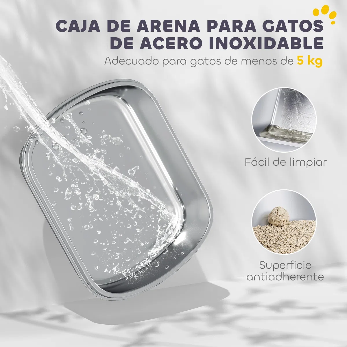 PawHut Arenero para Gatos de Acero Inoxidable L con Tapa Abatible Blanco | Caja de Arena para Gatos, Pala Metálica, Bolsa Desodorizante, Fácil de Limpiar, Antifugas