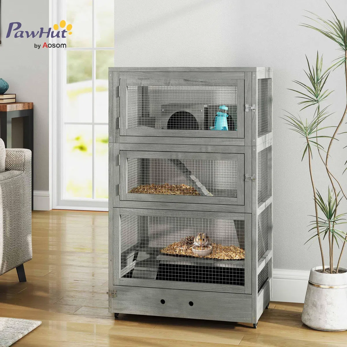 PawHut Jaula de Madera para hámster Enano, 65 x 45 x 109 cm Jaula para roedores con conejeras, balancín, Paleta, comederos, Jaula para Animales pequeños de 4 Niveles con Cerradura, rampas, Ruedas,