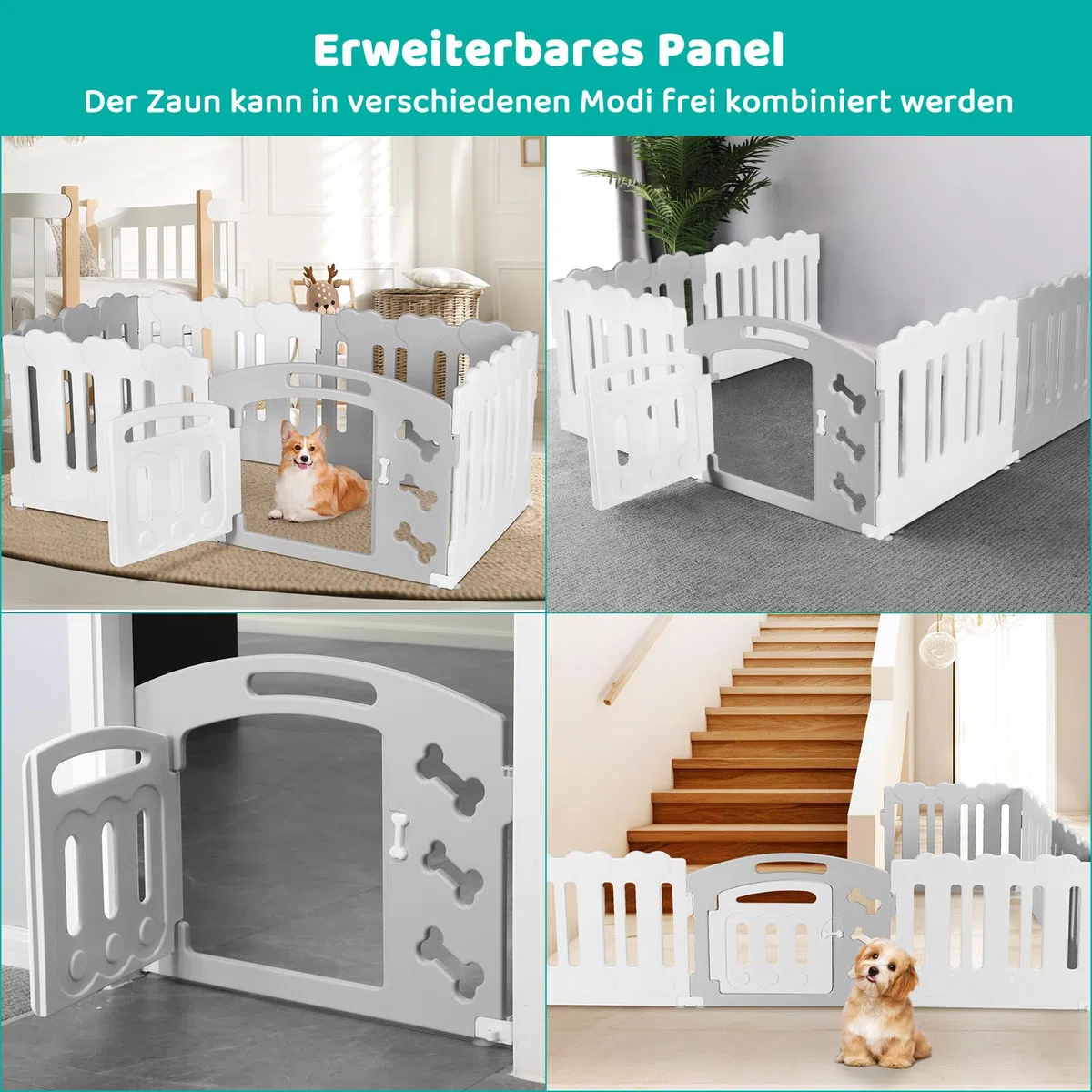 MAMIZO Parque para Perros de 60 cm Alto, Vallas Perros de 5+1 PCS Paneles | Corralito Gato de Plástico Plegable, con Ventosas y Anclajes al Suelo, Parque Conejo Interiores y Exteriores, Gris-Blanco