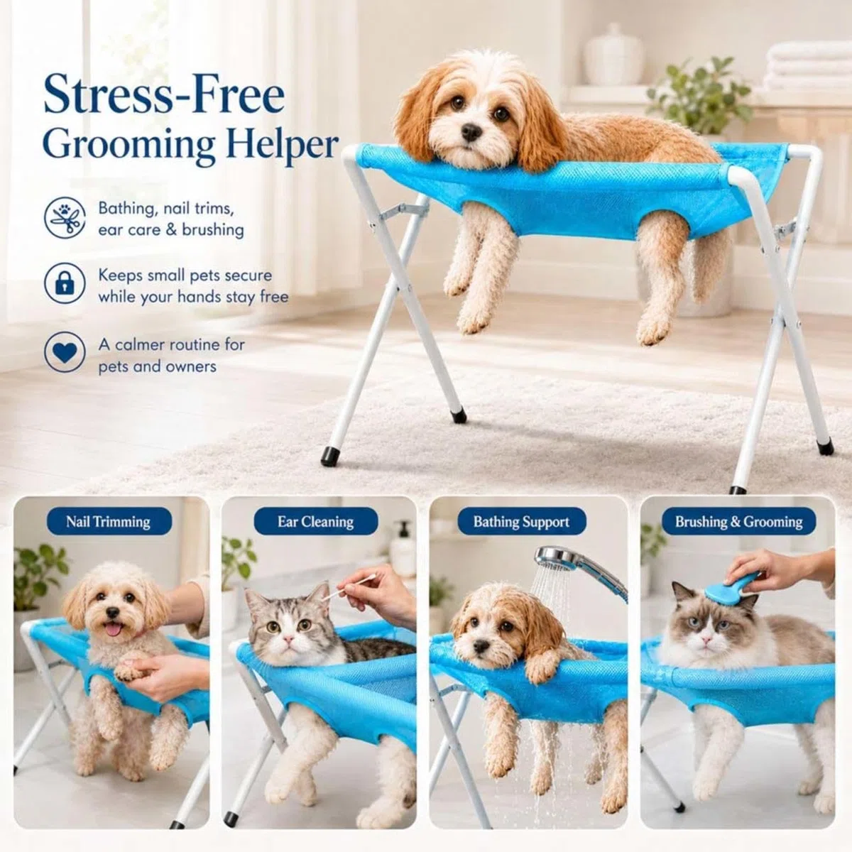 Silla para Bañar Perro Correa Ajustable para Sujetar A La Mascota Cat Dog Grooming Hammock Estructura Sólida Soporte Plegable para Mascotas Recorte Diario De Uñas,Baños,Blue