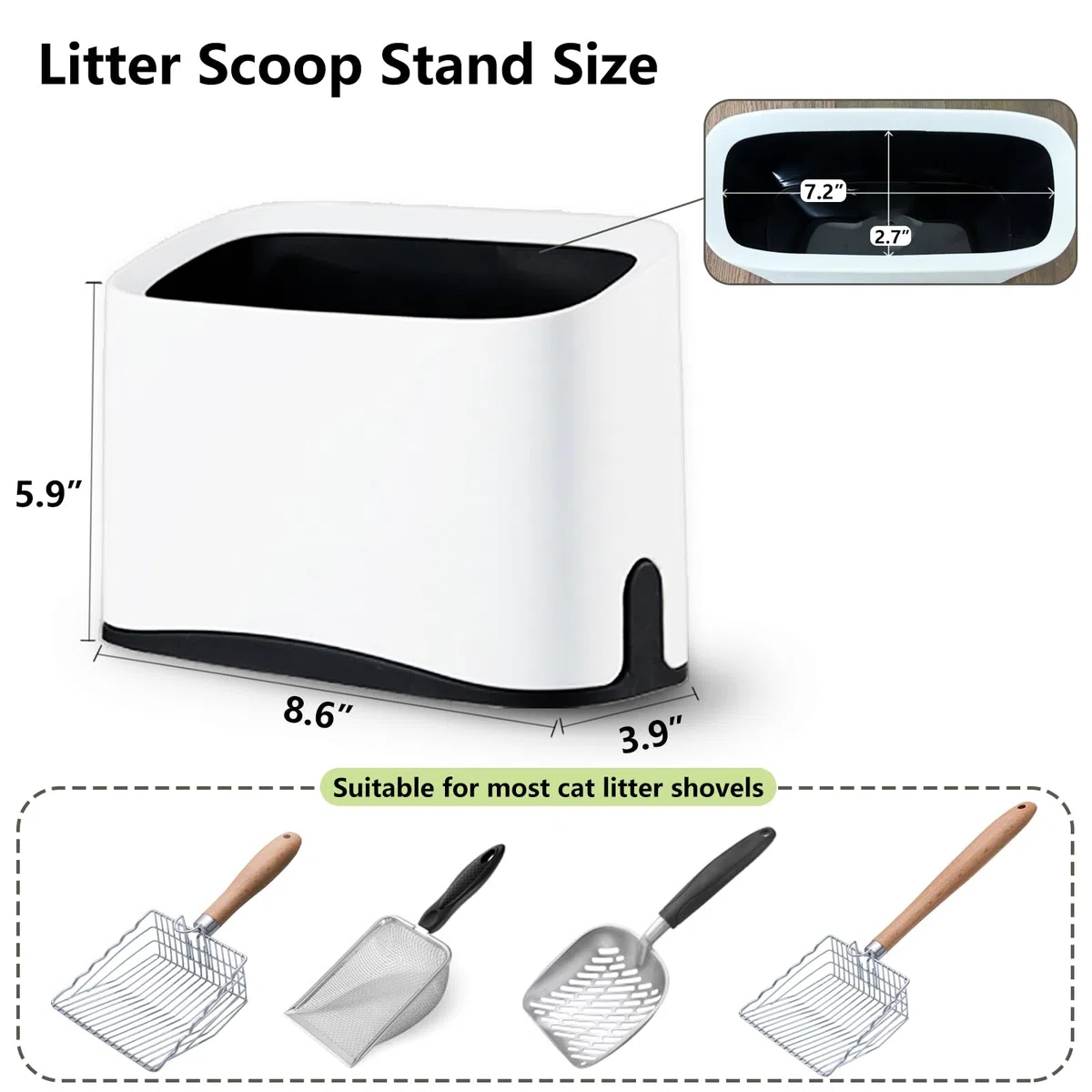Soporte universal para pala de arena para gatos, almacenamiento universal para cualquier pala de gatitos, soporte extraíble duradero con 2 rollos de bolsas de basura, adecuado para la mayoría de las