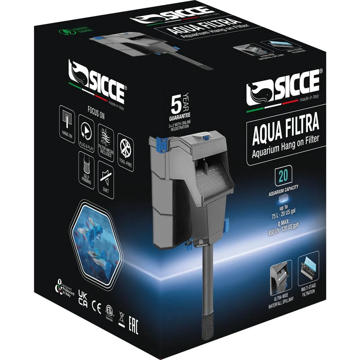 Sicce Aqua Filtra 20 - Filtro de alimentación para acuarios de hasta 20 galones, silencioso de 3 etapas para agua dulce y salada