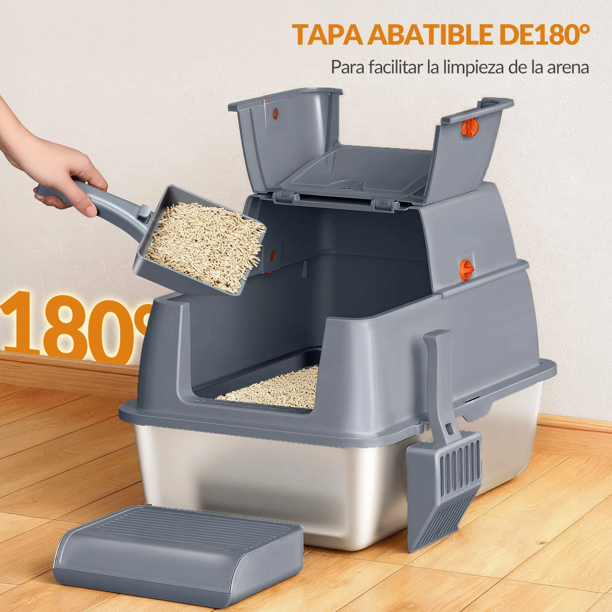 Arenero Acero Inoxidable Gatos XXL, 61 x 41 x 40 cm, Gris Oscuro | Arenero Cerrado para Gatos, con Tapa, Tapa con Bisagra de 180°, Pedal y Pala, Fácil de Limpiar, Diseño Modular FPLB203SG2