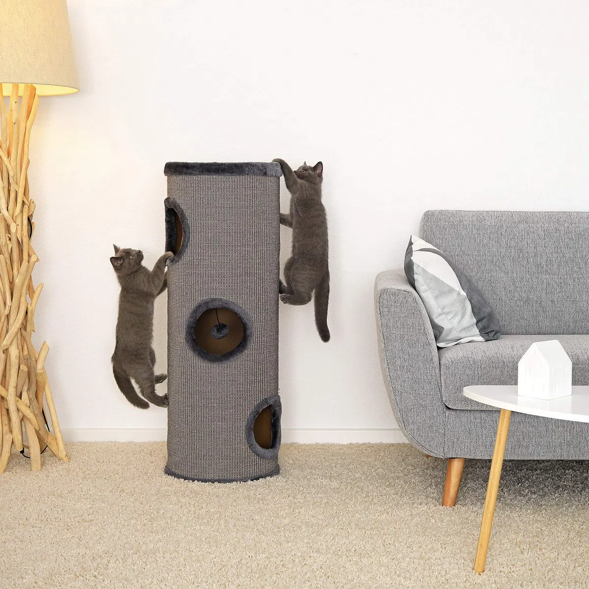 lionto Rascador de sisal con Pelota y Borde de Peluche, 100 cm de Alto, árbol rascador Estable para Gatos Grandes y pequeños, Ideal para uñas, Entretenimiento y escondites, Ø 36 cm, Gris