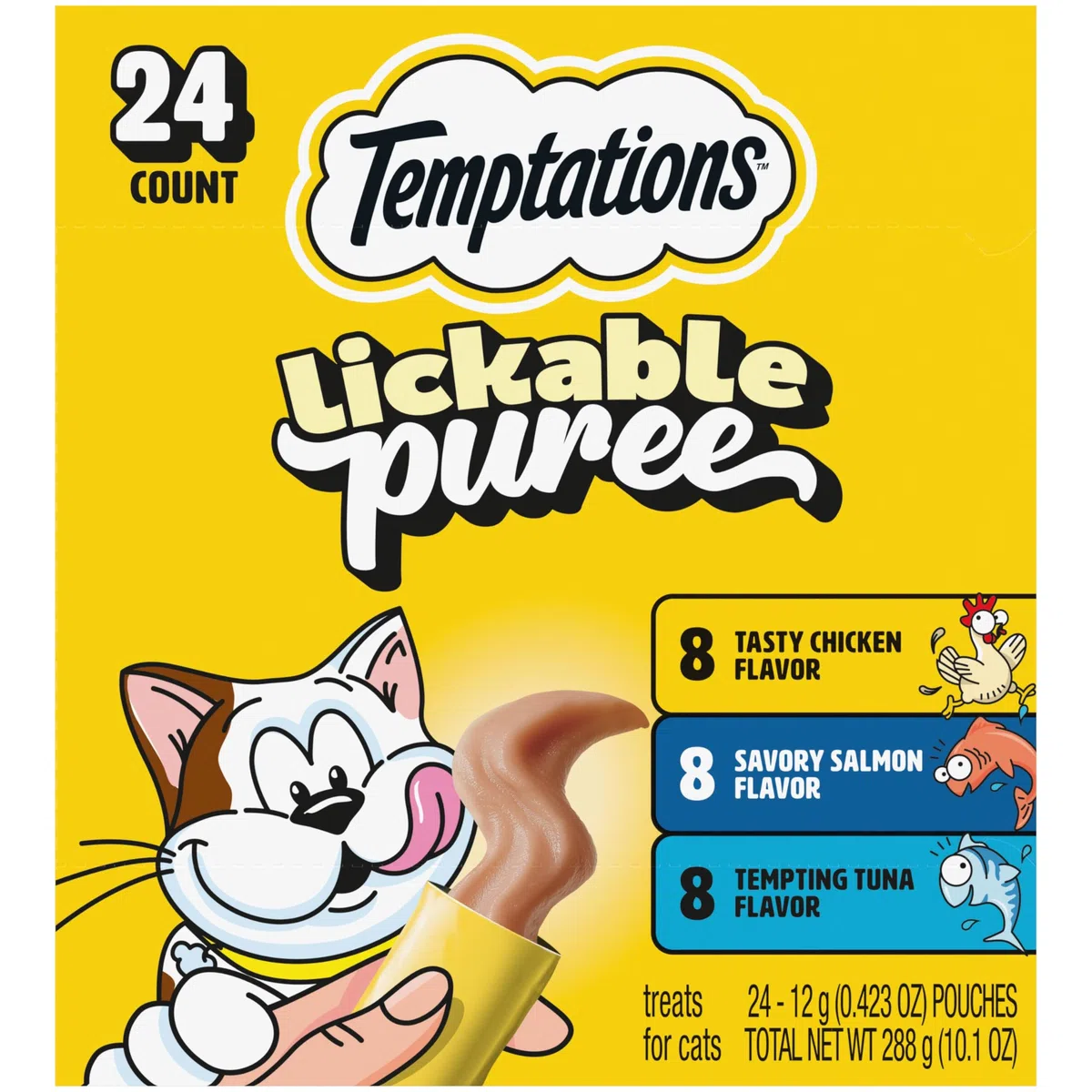 Temptations Creamy Puree with Chicken, Salmon, and Tuna Variety Pack of Lickable, Squeezable Cat Treats, 0.42 oz Pouches, 24 Count
