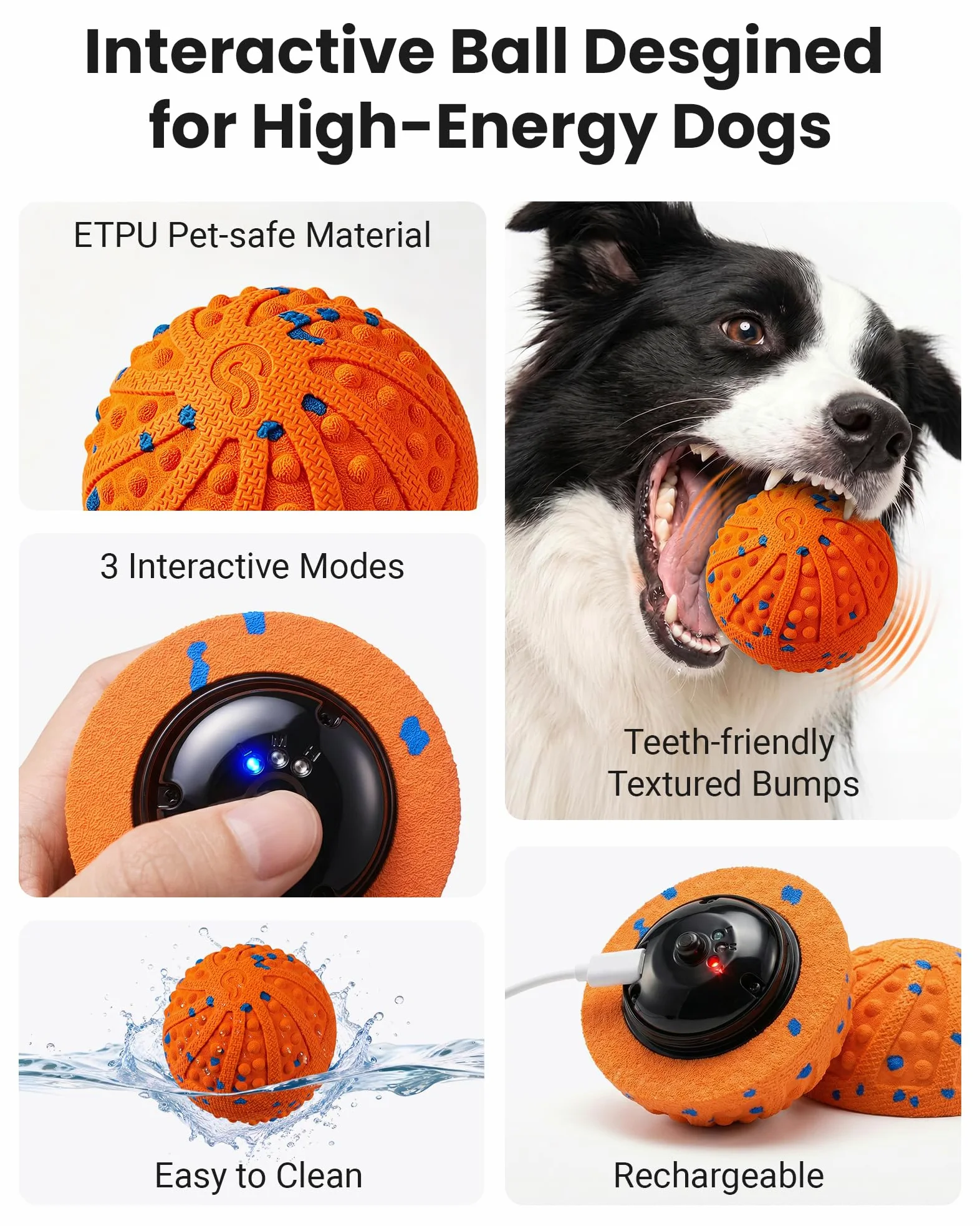 Juguetes interactivos para perros con protuberancias amigables con los dientes, 3 modos, material ETPU | Bolas interactivas automáticas recargables para perros medianos y grandes para mantenerlos ocupados