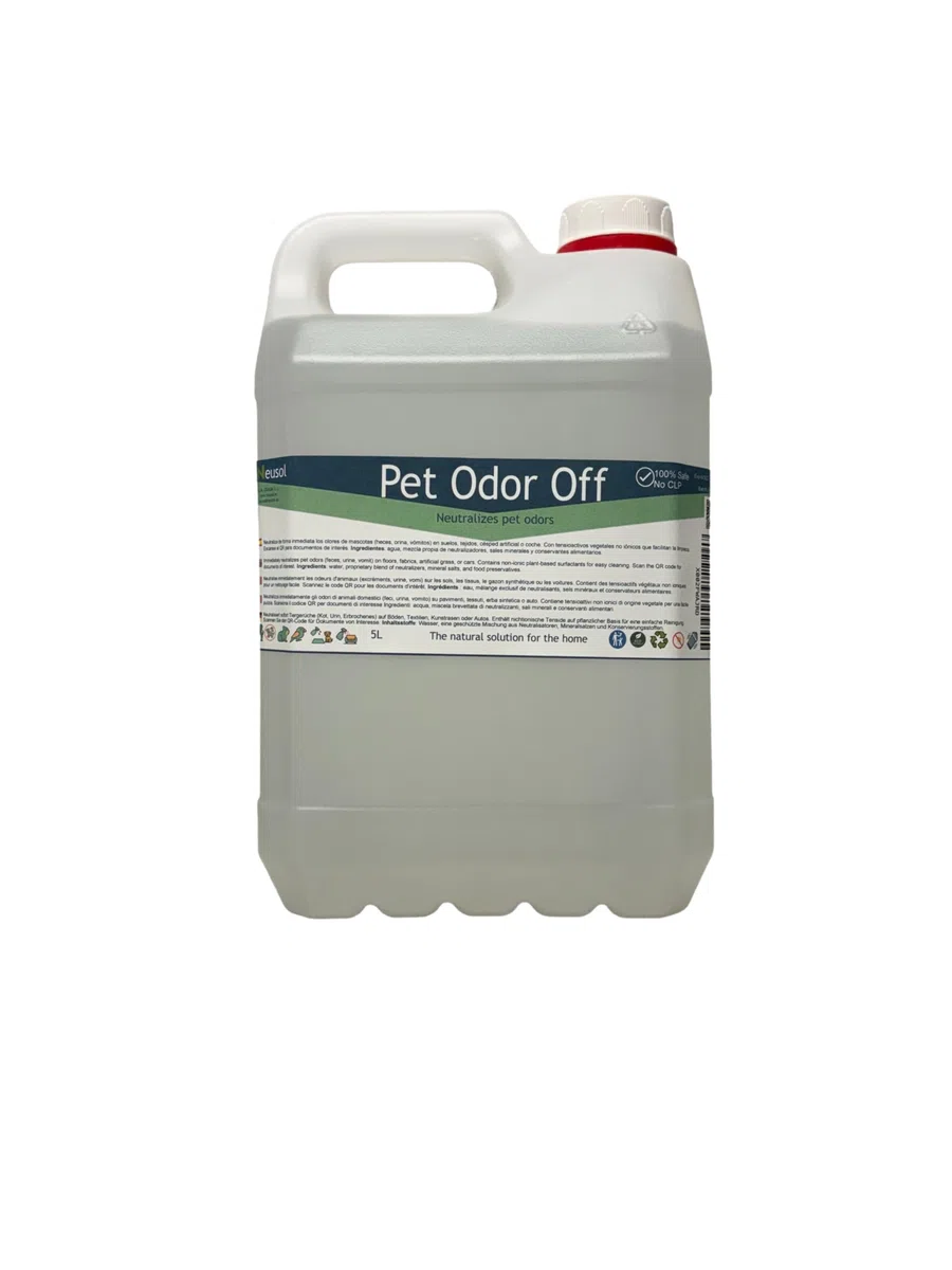 Pet Odor Off – Neutralizador Olor Mascotas orina sin CLP (5L) | Para orina vómitos y residuos orgánicos Uso en suelos textiles y césped artificial Sin fragancia añadida ni pictogramas CLP