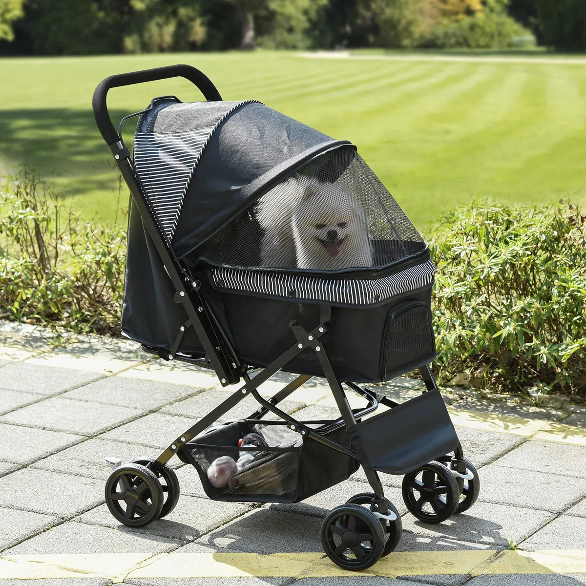 PawHut Cochecito para perros y gatos pequeños, color negro, 76,5 x 52 x 95 cm | Carrito para perros, carrito para mascotas, carrito para mascotas, carrito para gatos, Oxford