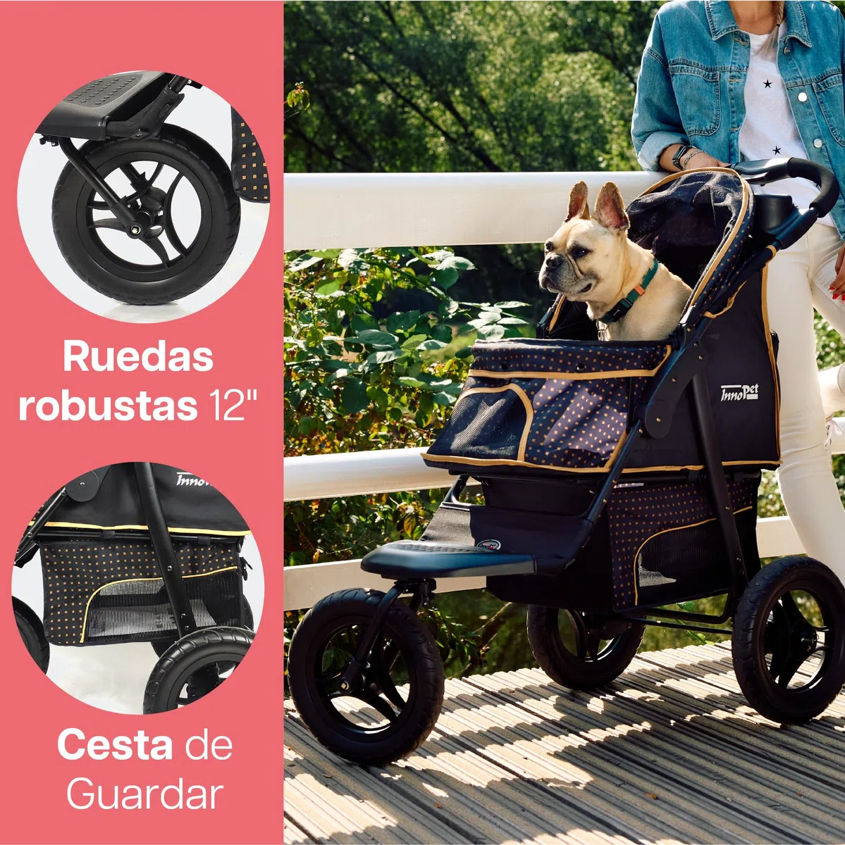 Innopet Adventure negro/amarillo - Cochecito todoterreno para perros hasta 30kg, ruedas EVA antipinchazos de 12”, plegado rápido, portavasos y cesta amplia