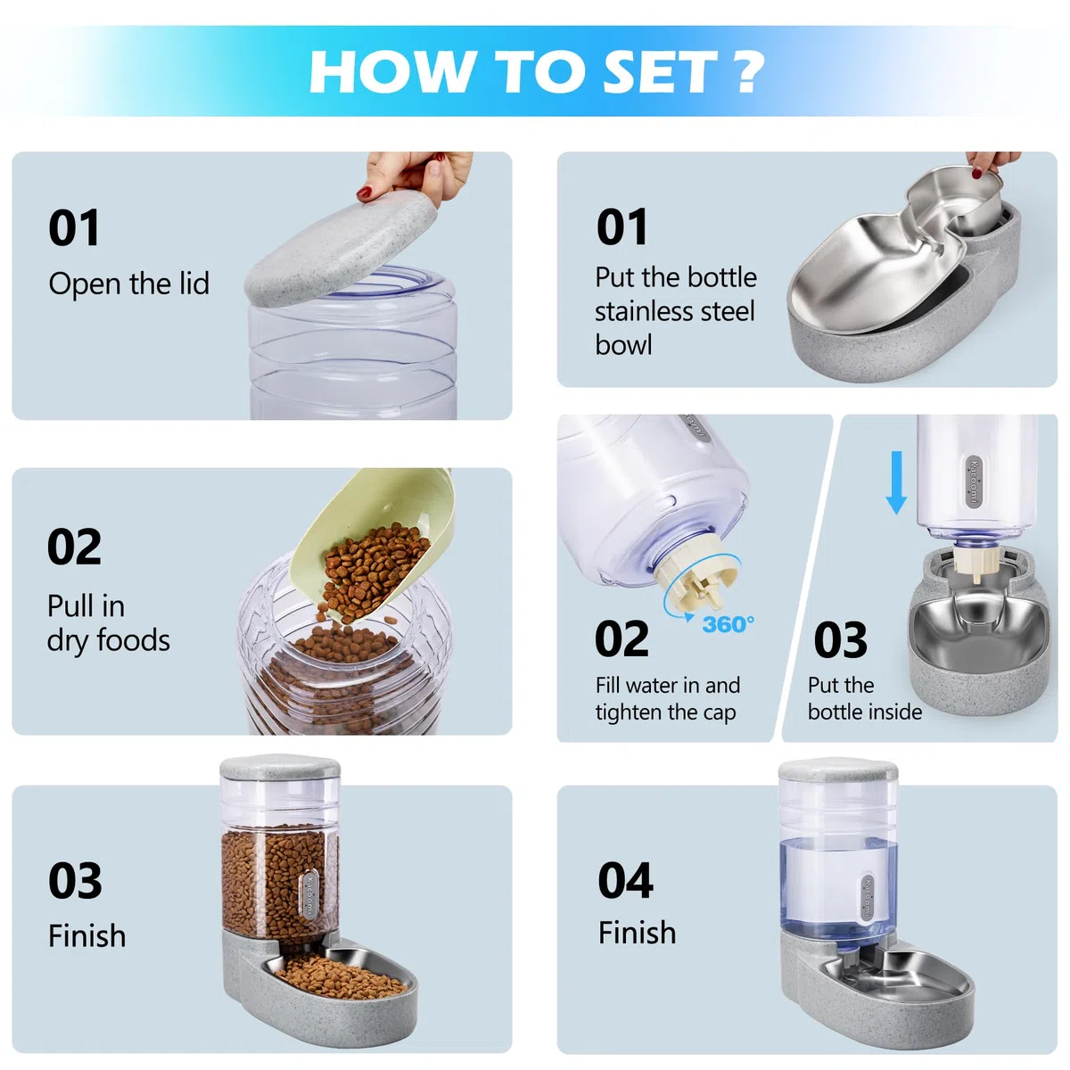Comedero automático para gatos y dispensador de agua con cuenco de acero inoxidable, comedero de alimentos por gravedad y juego de bebedero para perros pequeños y medianos, cachorros, gatitos, 1 galón