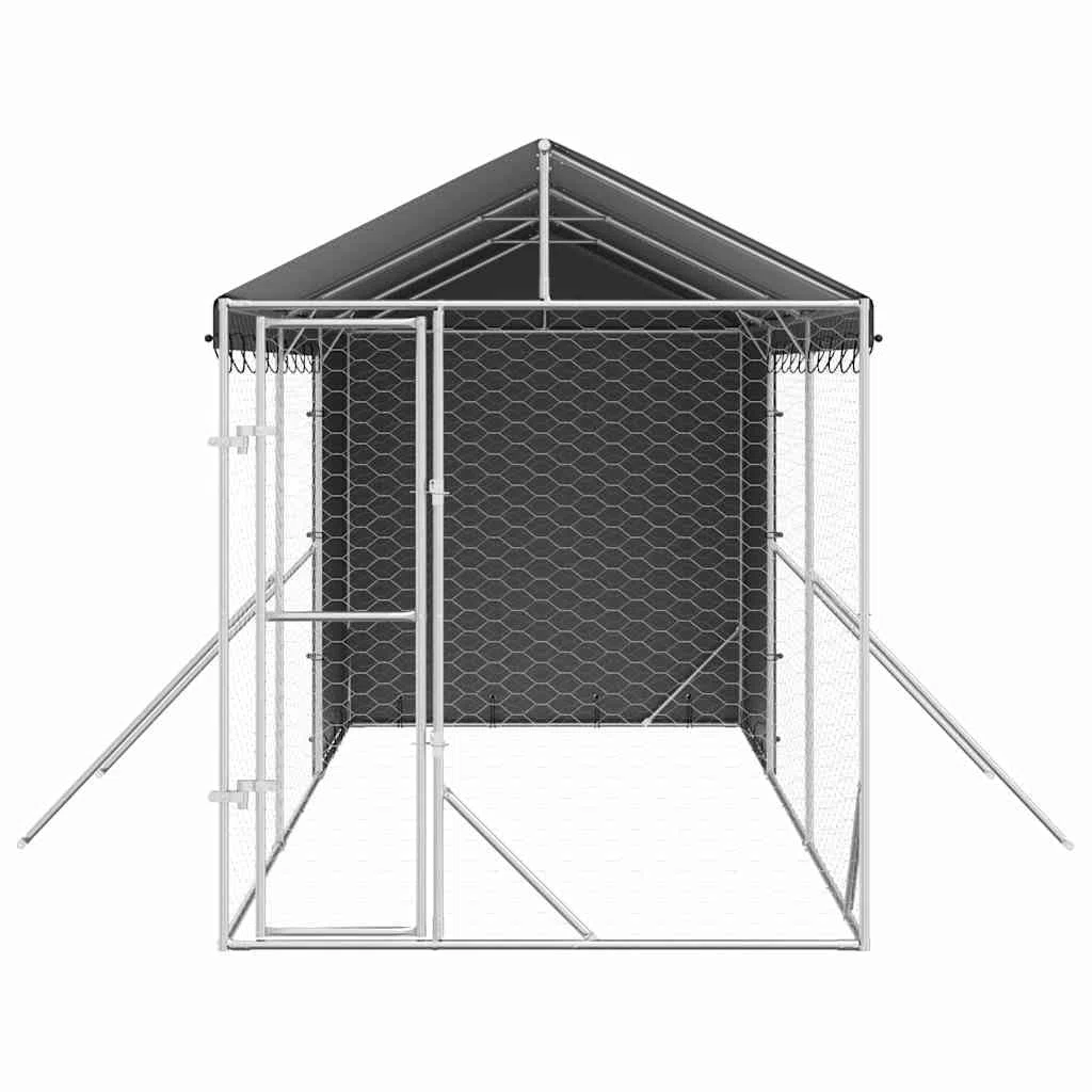 Perrera para perros al aire libre con techo plateado de acero galvanizado 2 x 6 x 2,5 m con puerta con cierre para perros, cachorros, animales pequeños, jardín, terraza, protección y seguridad