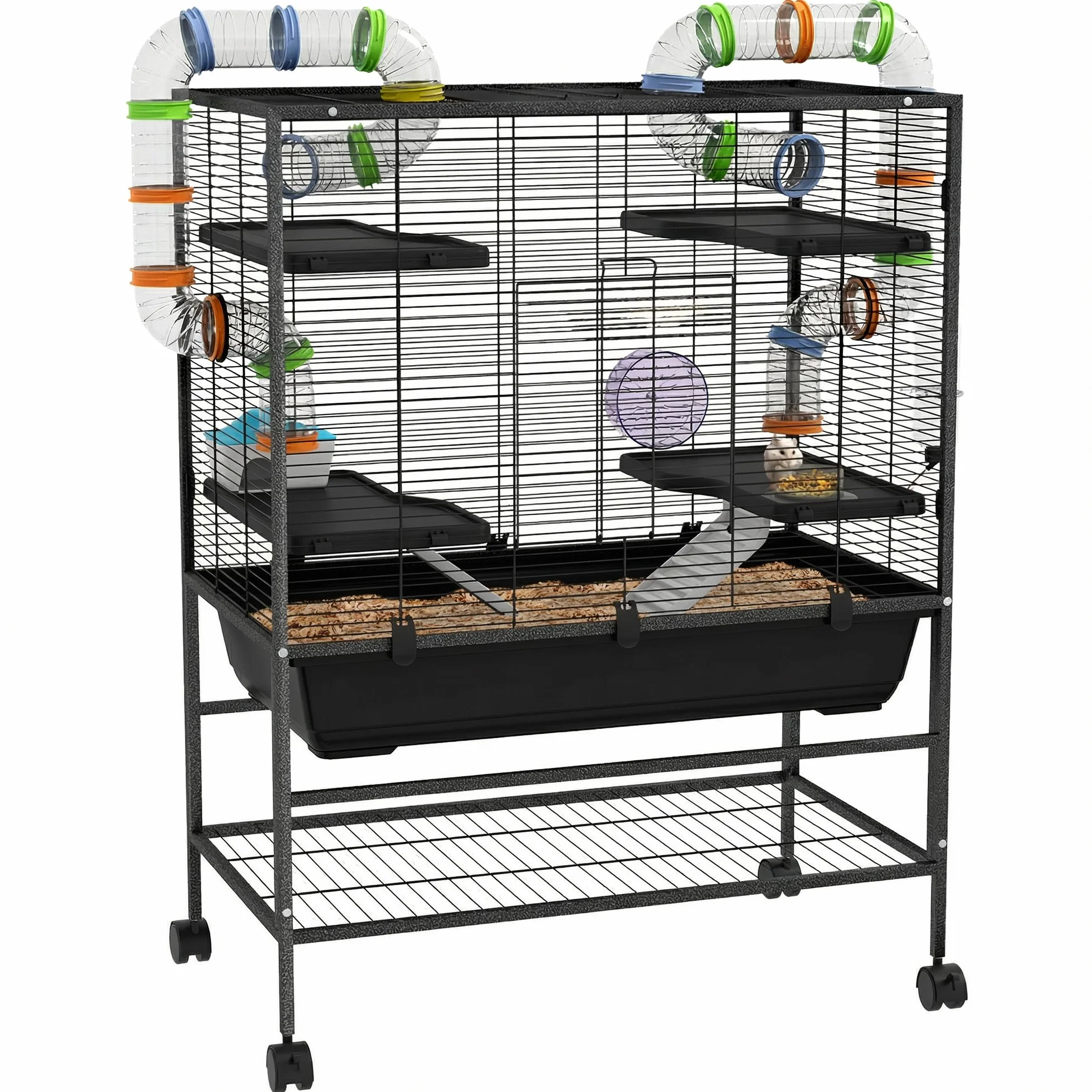 PawHut jaula de hámster jaula de roedores con ruedas, tubos, estante, rampas, rueda de correr, tazón de comida, botella de agua, jaula de conejillo de indias para jerbos, hámsters sirios, negro | Jaula para roedores, jaula para animales pequeños, jaula pa