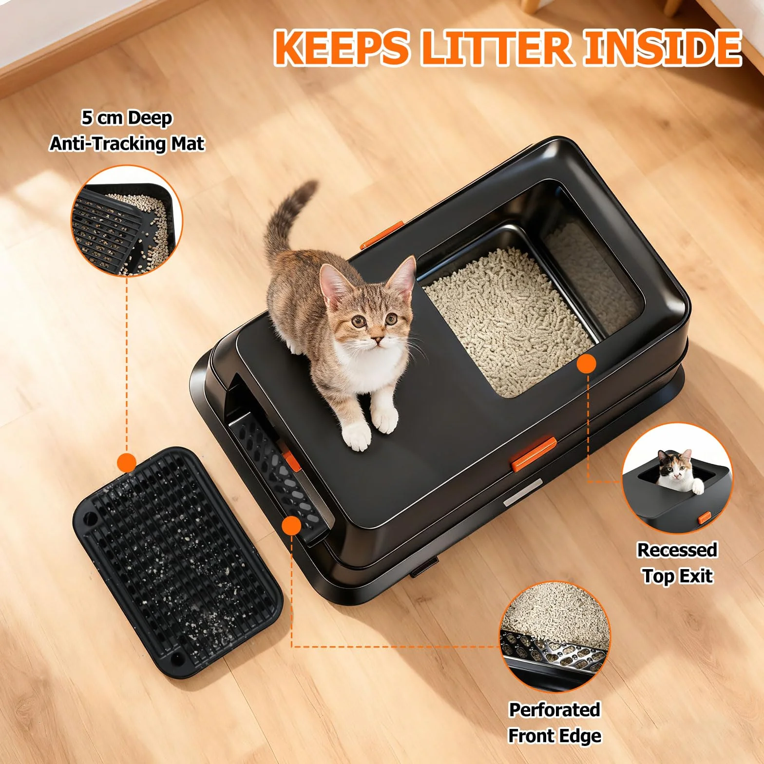 Arenero para Gatos de Acero Inoxidable, XL Caja de Arena Gato Cerrada con Tapa, Doble Entrada y Alfombrilla Antiderrames, Bandeja Antifugas para Gato Grande y Multiuso Cat Litter Box