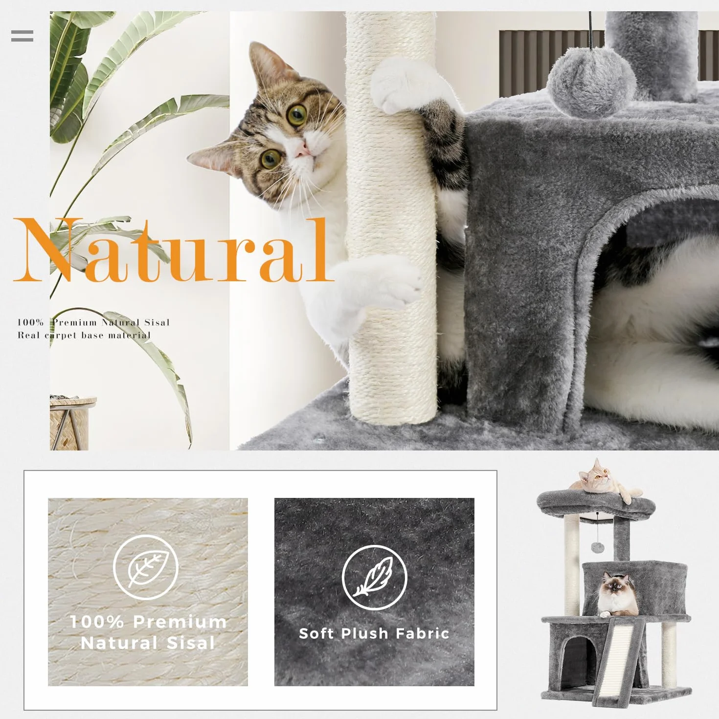 PETEPELA Rascador para gatos, 86 cm | Con cuerda de sisal, tumbona de peluche, 2 cuevas, juguete para gatos, gris