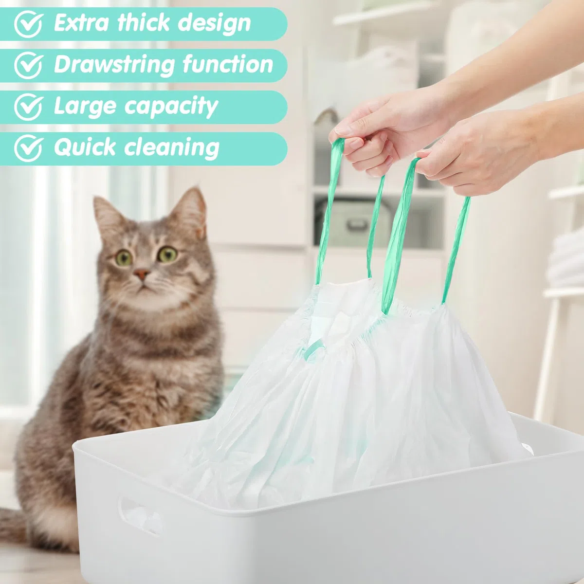 Thenshop 60 forros para caja de arena de 36 x 18 pulgadas, bolsas jumbo con cordón, suministros para gatos, bolsas desechables extragrandes, bolsas de arena para gatos para basura y basura (verde)