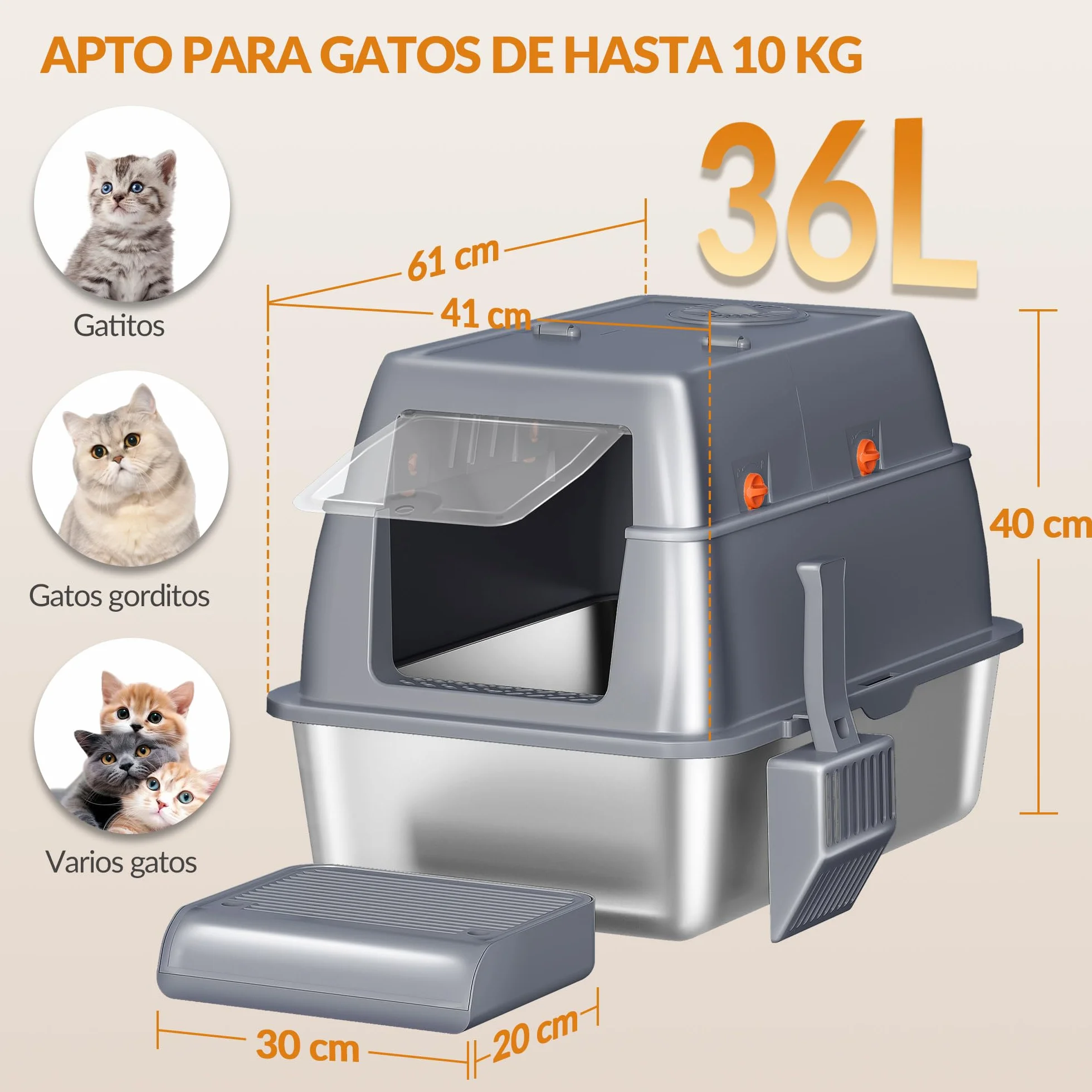 Arenero Acero Inoxidable Gatos XXL, 61 x 41 x 40 cm, Gris Oscuro | Arenero Cerrado para Gatos, con Tapa, Tapa con Bisagra de 180°, Pedal y Pala, Fácil de Limpiar, Diseño Modular FPLB203SG2