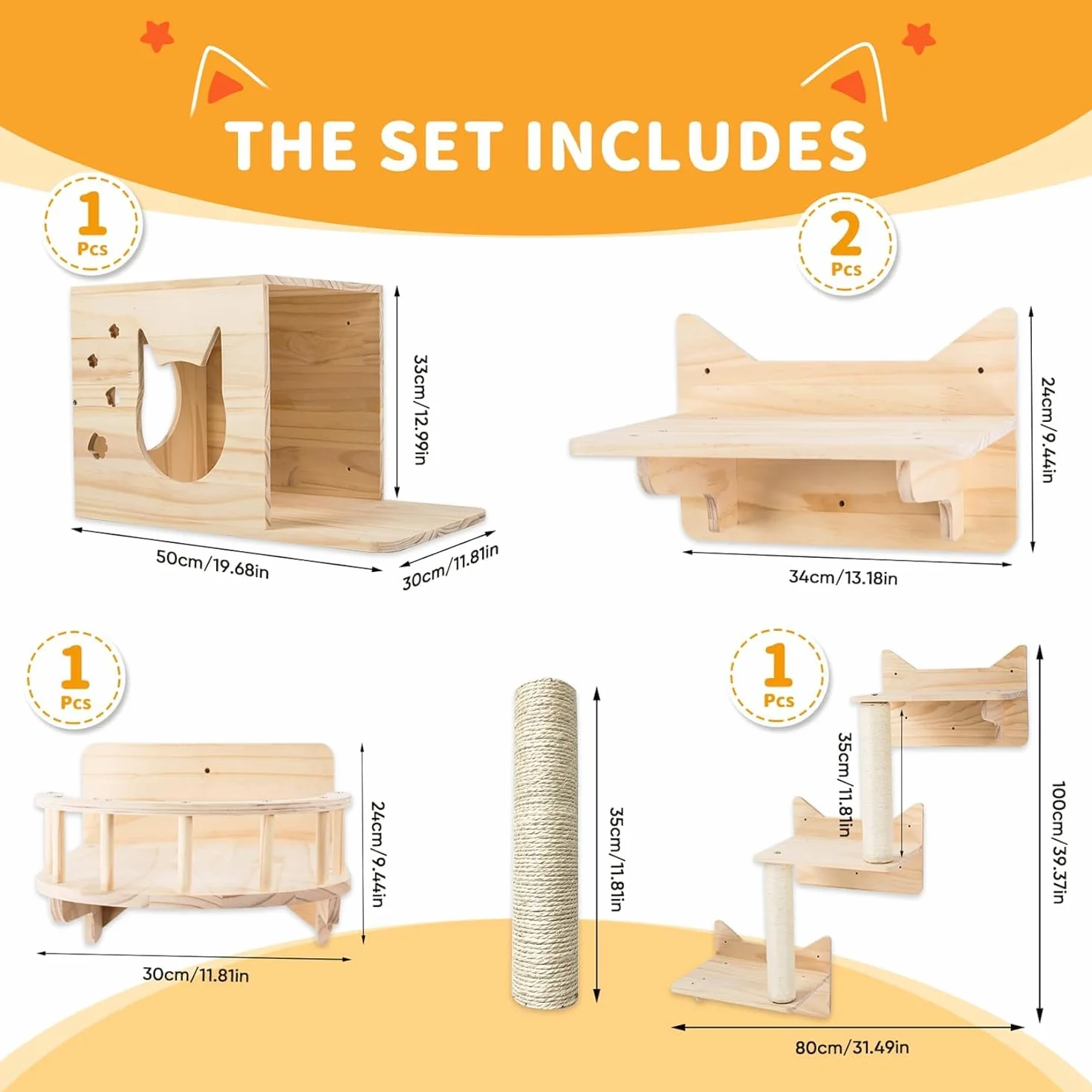 Estantes de pared para gatos, juego de muebles de pared, estantes y perchas para pared, juego de parque infantil para escalar gatos, poste rascador para gatos con estante de pared de 3