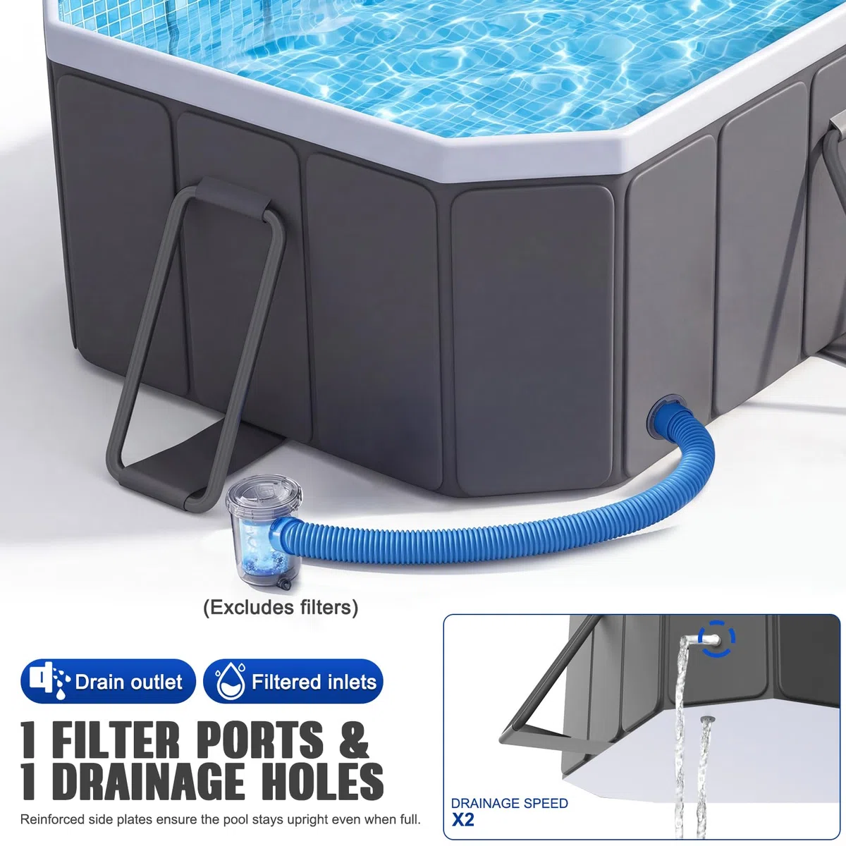 Piscina grande para perros grandes, tamaño exterior 200 x 135 x 50 cm, piscina plegable de lado duro con marco de acero, piscina no inflable para mascotas, fácil drenaje, puerto de filtro, gris