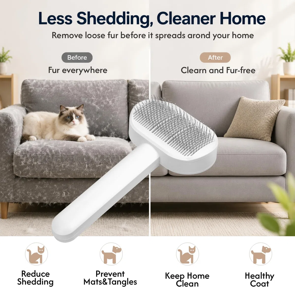 PrimePets Cepillo para gatos, cepillo de limpieza automática con botón de liberación, cepillo de aseo para gatos de pelo corto o largo, cepillo para mascotas para gatitos, herramienta de depilación de