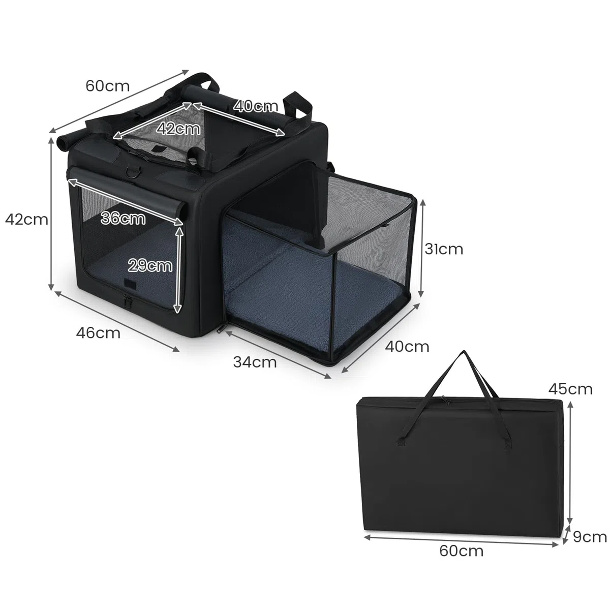 GOPLUS Transportín para Perros y Gatos Expansible, Bolsa Plegable con 5 Ventanas Transpirables, 2 Aperturas, Alfombrilla y Correa para el Transporte, Bolsa para Mascotas de Viaje (60x46x42cm)
