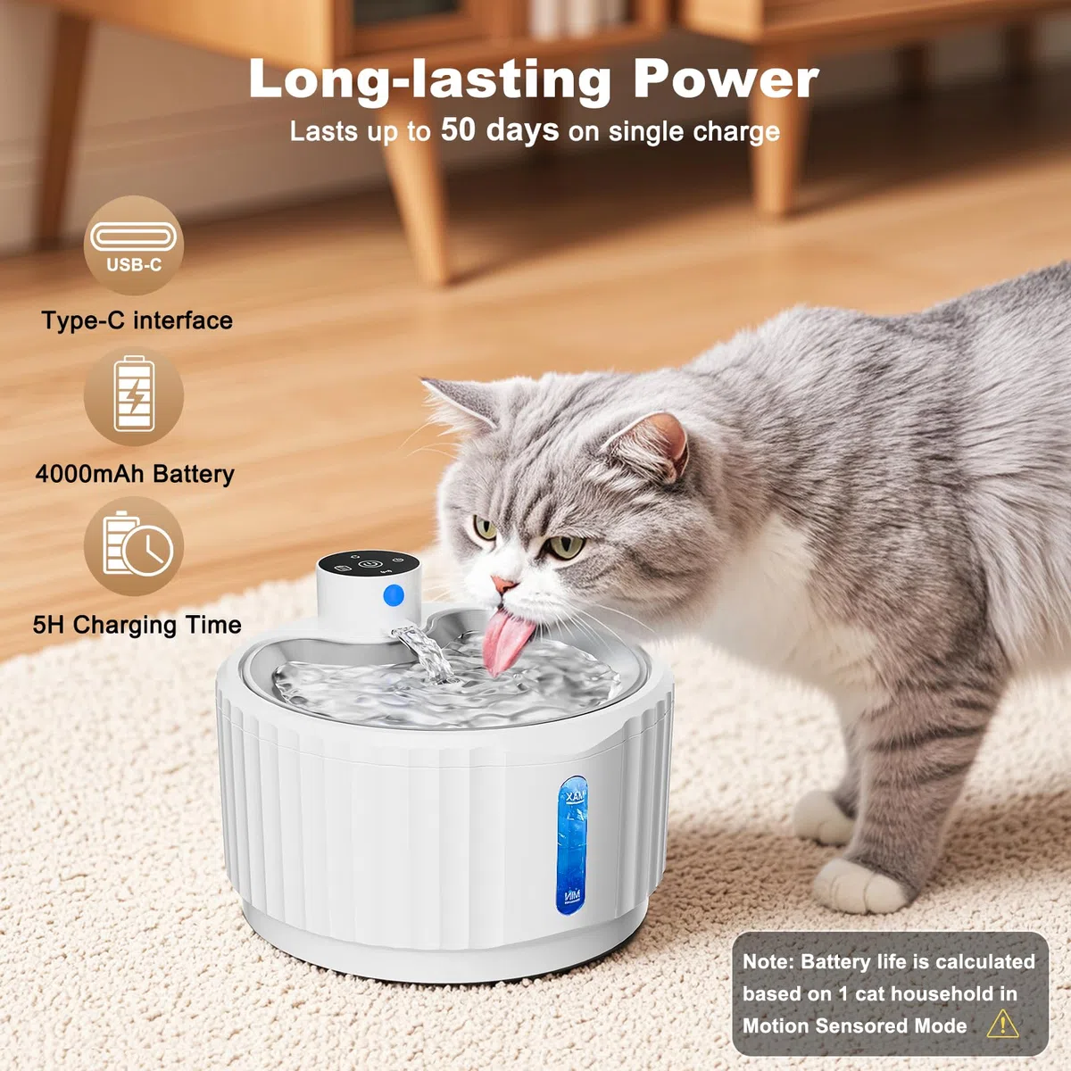 Fuente para gatos, 2,8 L, inalámbrico, 4000 mAh, con detector de movimiento