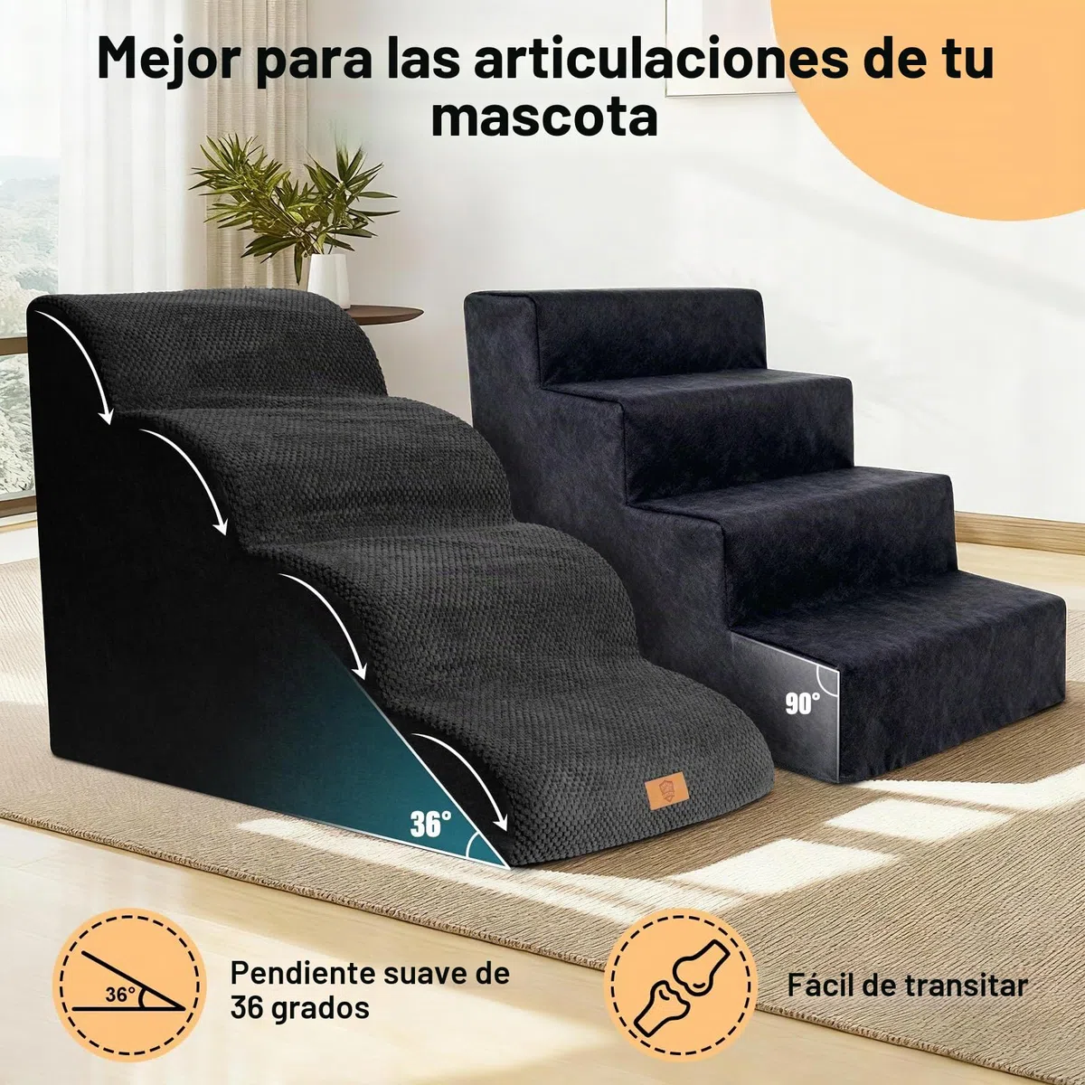 Escalera para perros pequeños, 4 peldaños, 72 x 40 x 52 cm, color negro