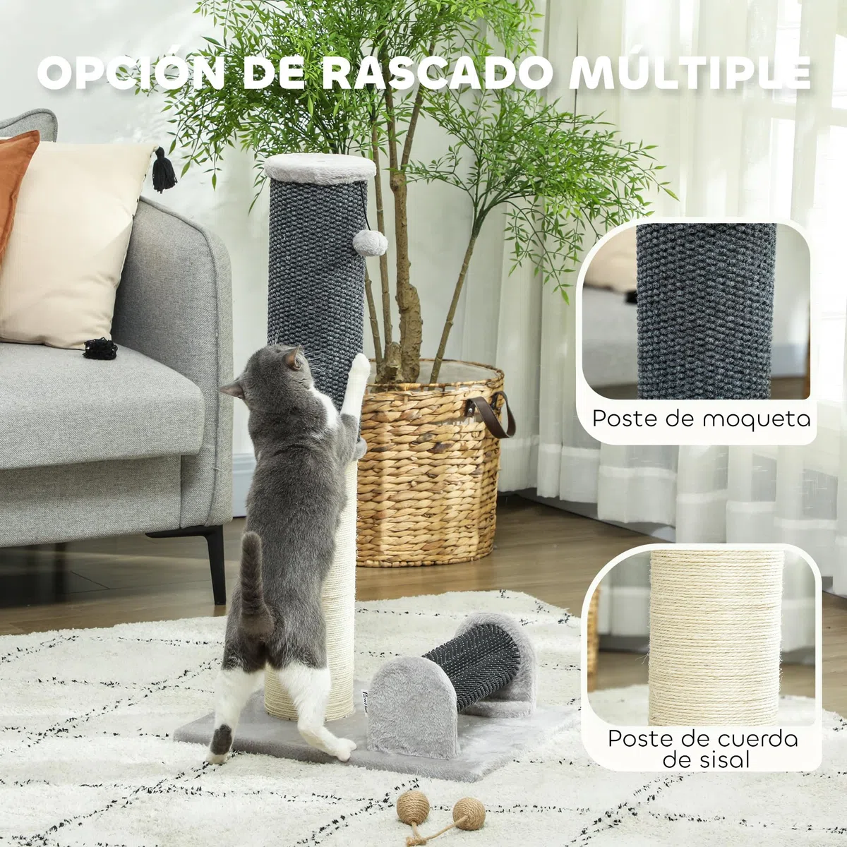 PawHut Poste Rascador para Gatos 85 cm con Poste de Sisal Gris y Crema