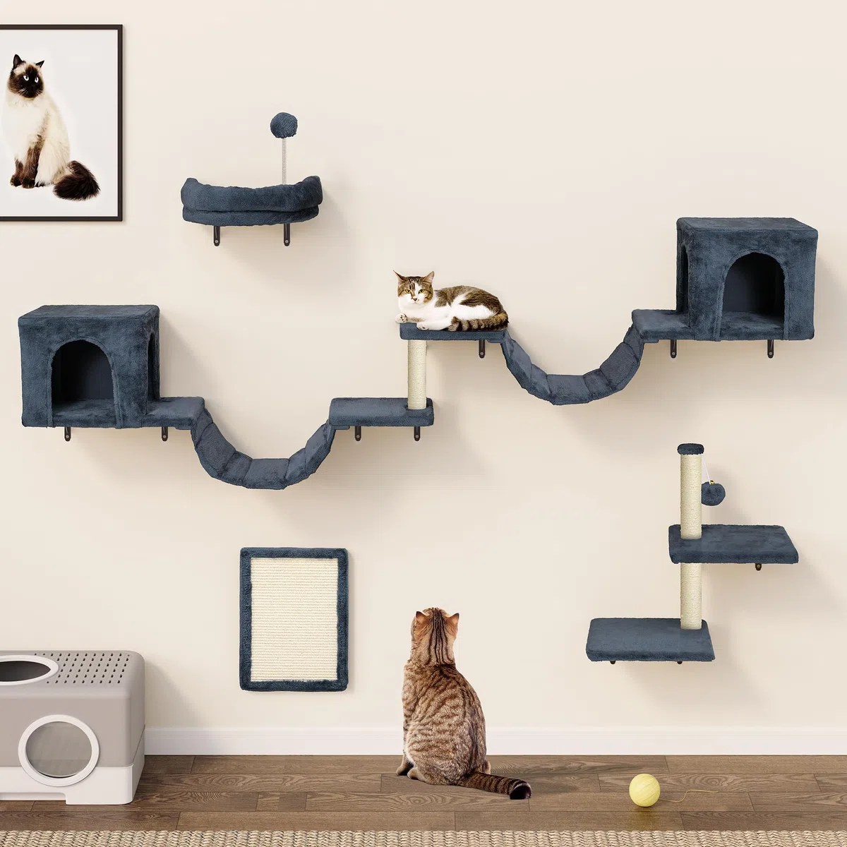 YITAHOME 8PCS Estante de Escalada para Gatos Montado en La Pared, Muebles de Pared de Madera para Gatos Árbol para Gatos con Postes Rascadores/Casa/Puente/Escaleras/Bola Colgante, Gris Oscuro