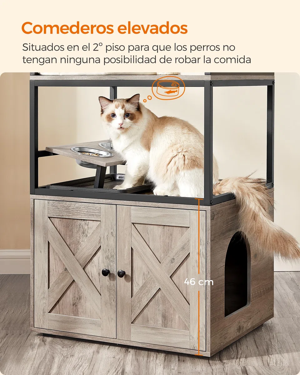 Feandrea Árbol para Gatos, Casa para Gatos con Mueble para Bandeja Higiénica, Soporte para Comedero Elevado, Tronco de Sisal, Cojines Lavables, Beige PCT312G01