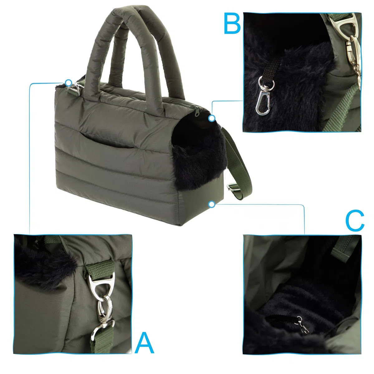 Bolsa de transporte para perros y gatos – Bolsa de viaje para perros, bolso de hombro para mascotas con banda elástica con mosquetón, hasta 8 kg, color verde oliva