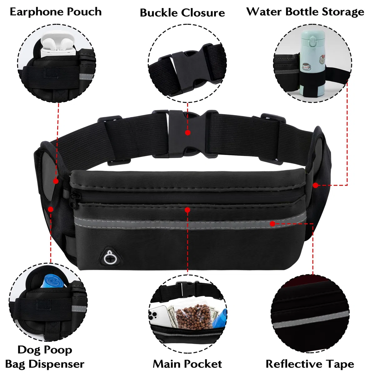 Correa para perro manos libres, correas para correr con bolsa con cremallera, cinturón reflectante ajustable, elástico retráctil de doble asa para perros pequeños, medianos y grandes, para